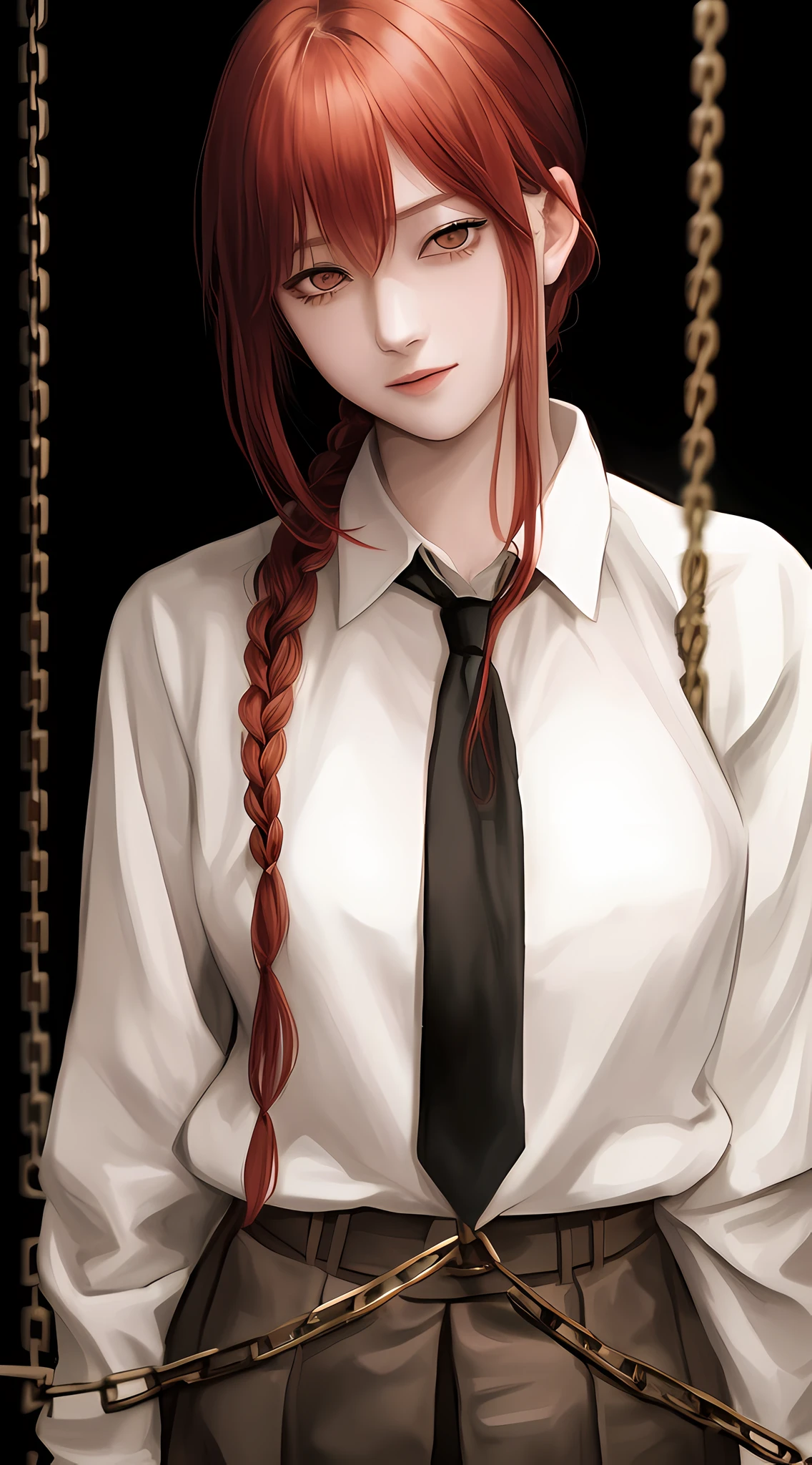 (masterpiece), (best quality),makima \(chainsaw man\), (perfect eyes) , best quality, ultra detailed, 1girl, solo, standing, red hair, long braided hair, golden eyes, sexy, tied \(non-sexual\), bangs, medium breasts, white shirt, tie, fixed gaze, smile, (bad:1.2), looking at the viewer, (interview:1.3), (dark background, chains:1.3)