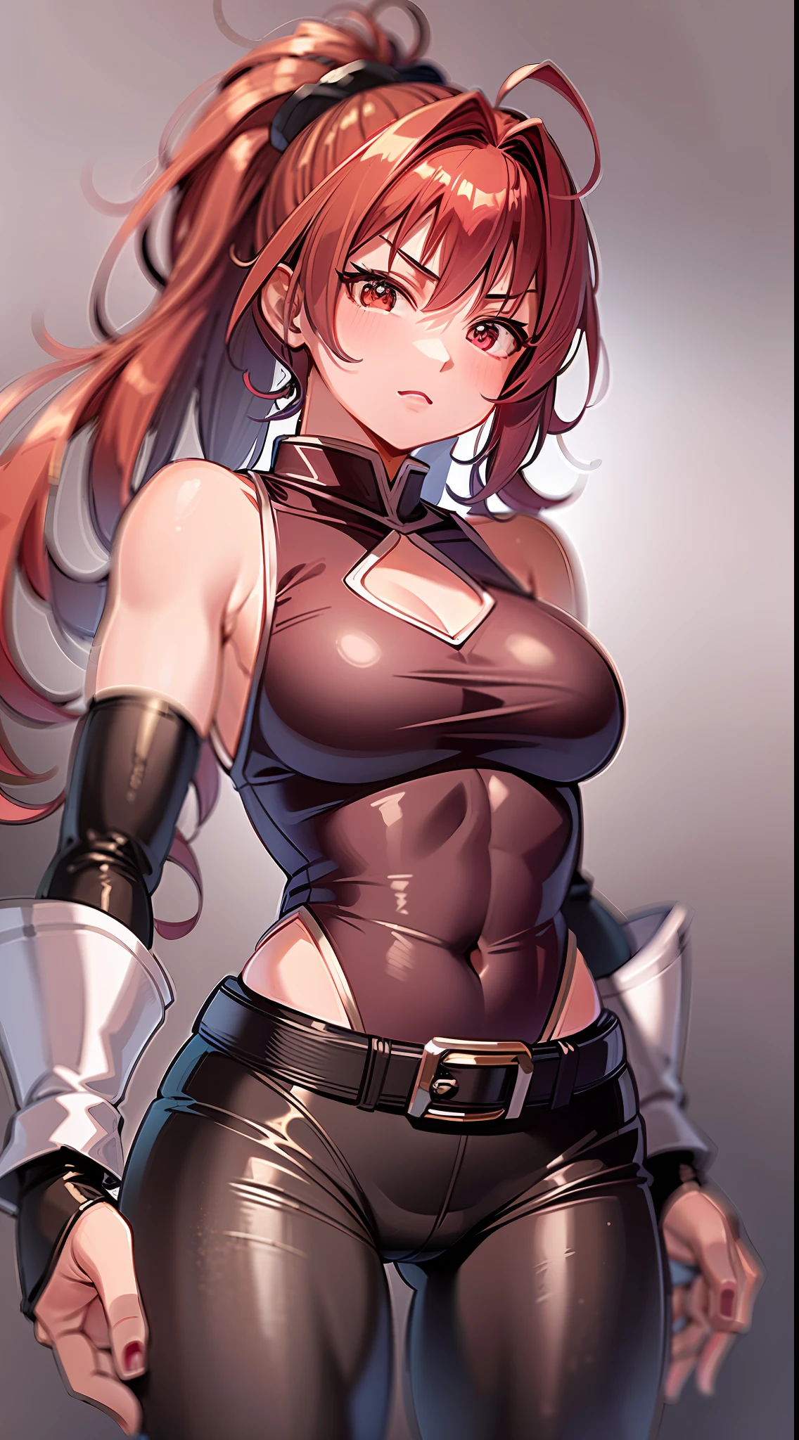 1990s, Only the upper body and head can be seen, Fighting stance, medium hair, high ponytail, red hair, shiny hair, smug, medium_breasts, sleeveless_shirt, pants, dissolving dress, collarbones, background, reference sheet, masterpiece, best quality, ultra-detailed, kawaii, cute, lovely, sexy, ero, extremely detailed, 4K, 8K, best quality, beautiful, anime style, pmmmkyouko