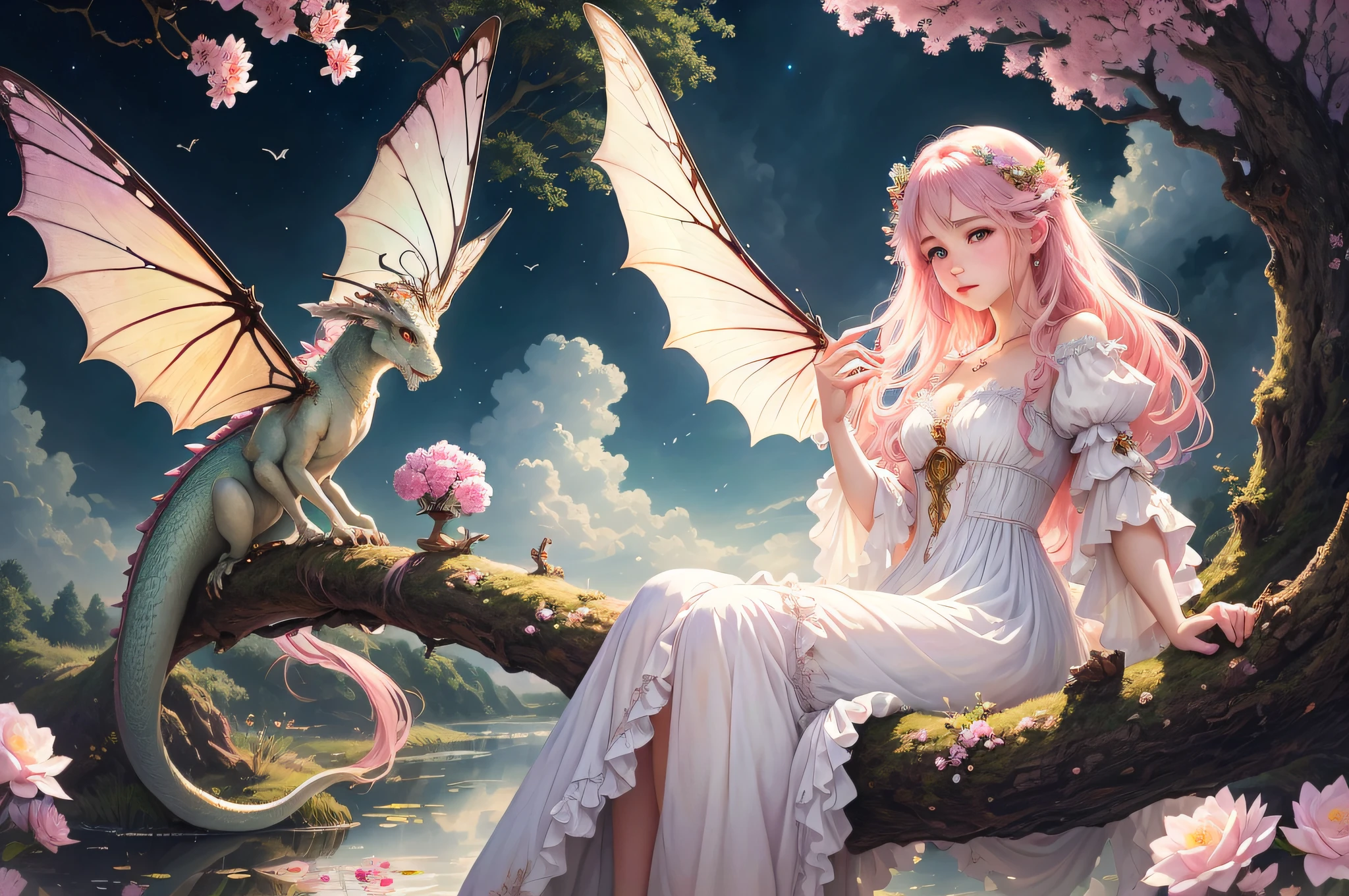 ((best quality)), ((masterpiece)), (detailed), ethereal beauty, perched on a tree in pink bloom, (fantasy illustration: 1.3), charming look, captivating pose, lonely girl, together a fairy with delicate butterfly wings, supernatural charm, mystical sky, (Luis Royo:1.2), (Yoshitaka Amano:1.1), moonlit night, soft colors, (detailed cloud:1.3), (high resolution:1.2) (dragon flying in the sky) long white dress, legs dangling above the pond, long Victorian dress,