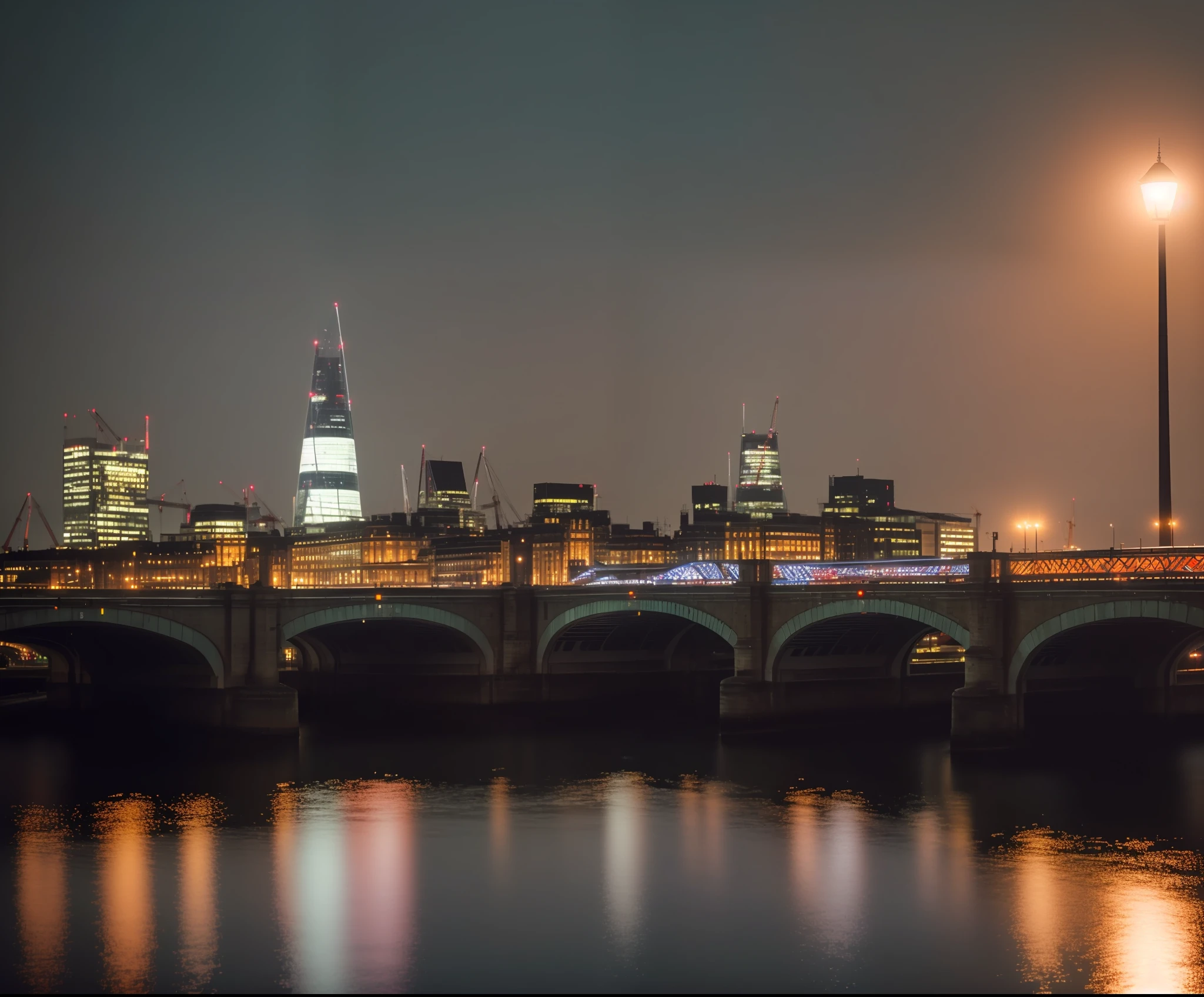 RAW portrait, Bridge Tower in London, poles and night lights, damp, reflections, (masterpiece) (perfect aspect ratio)(realistic photo)(best quality) (detailed) photographed on a Canon EOS R5, 50mm lens, F/2.8, HDR, (8k) (wallpaper) (cinematic lighting) (dramatic lighting) (sharp focus) (intricate), RAW photo, RAW photo, 8k uhd, dslr, high quality, film grain, Fujifilm XT3, film stock photography 4 kodak portra 400 camera f1.6 lens rich colors texture hyper realistic realistic dramatic lighting unrealengine trend in artstation cinestill 800 tungsten