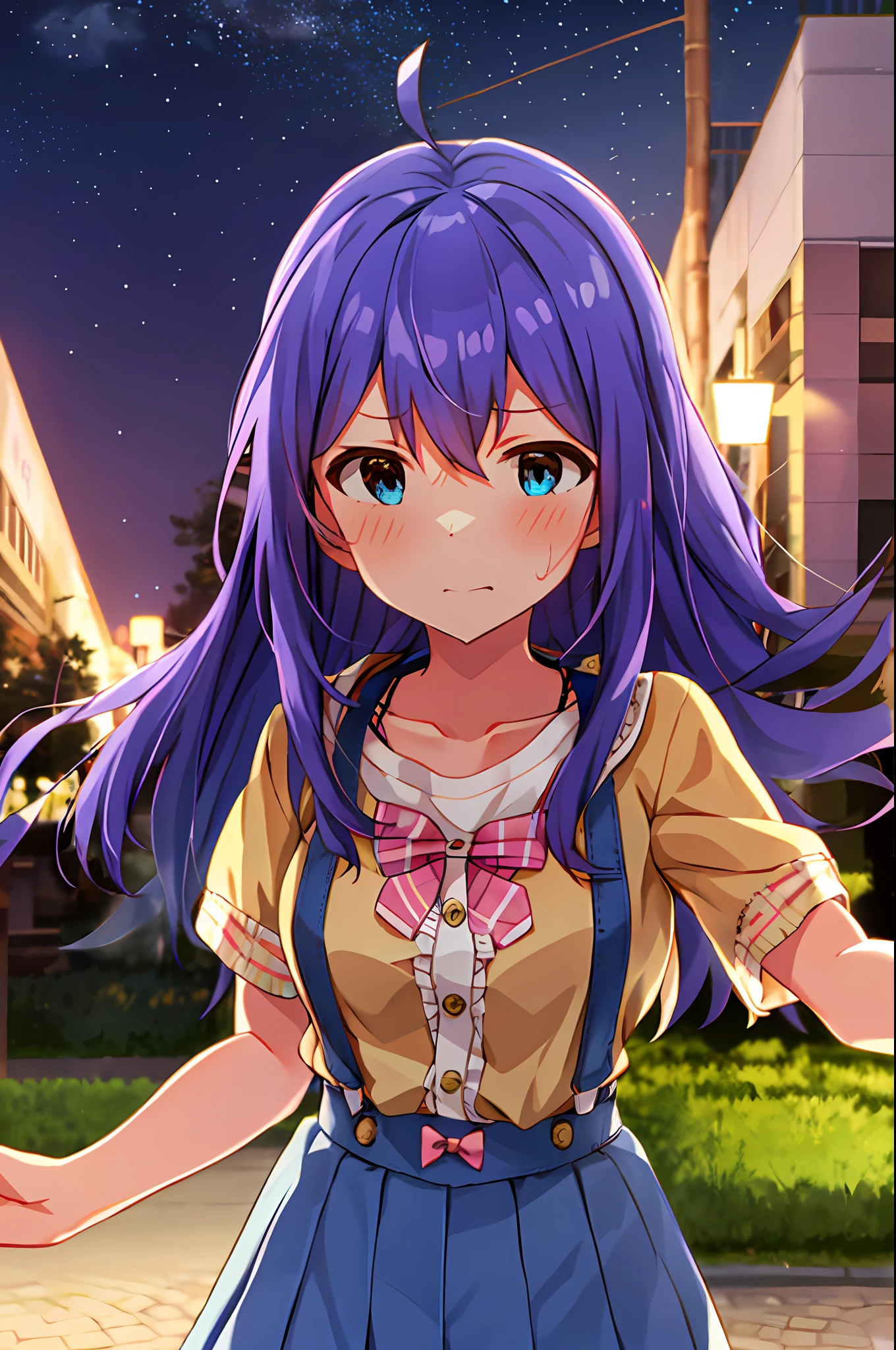 Anna Mochizuki (Million Live), (Top Quality, 8K, Masterpiece, Super Detail: 1.2), 1 Girl, Suspender Clothes.Skirt.Blushing, Clavicle, Bow, Ribbon, Blue Bow.Night.Night View.Outdoors.Fighting Stance.Despair Face.Sweat.