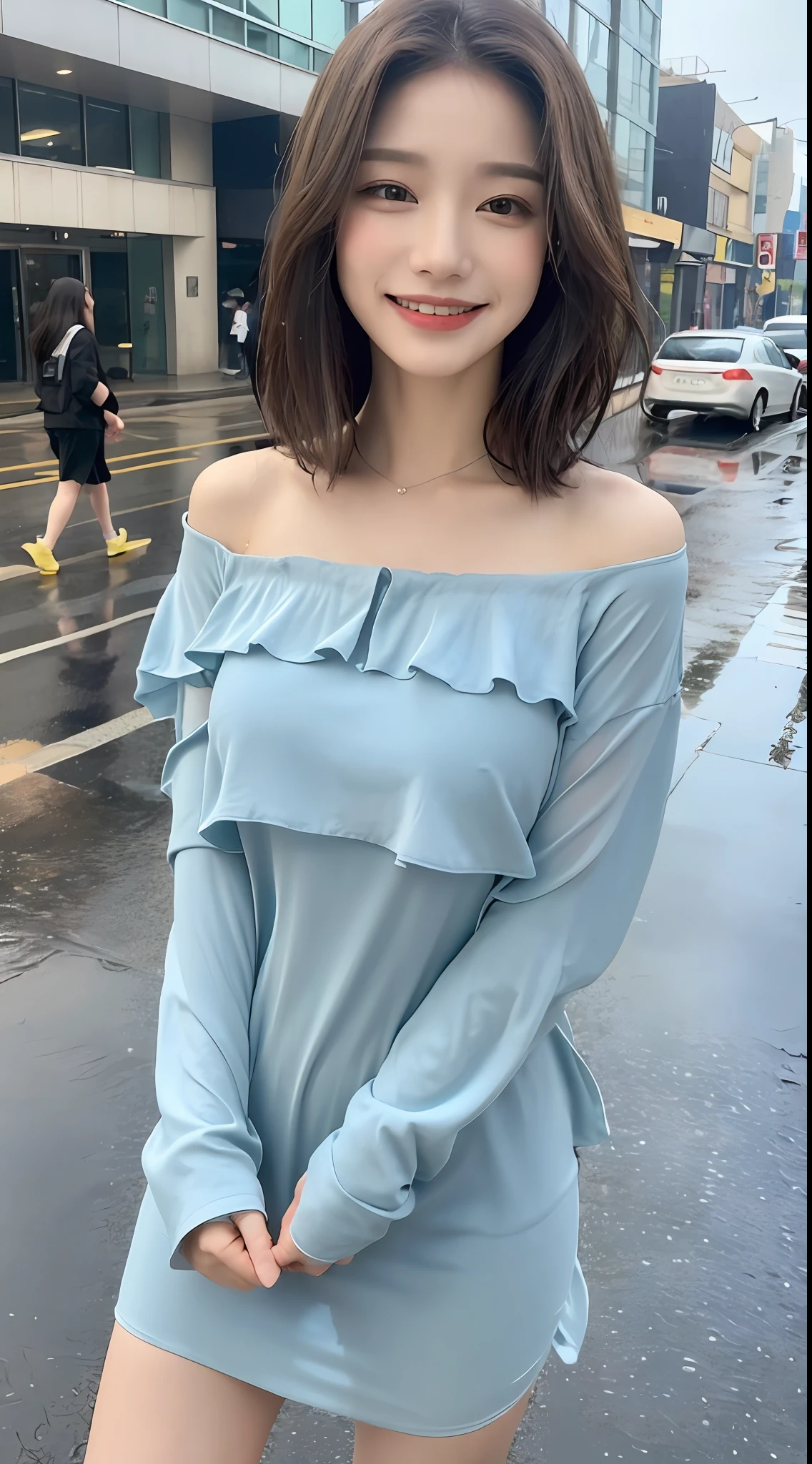 ((Best Quality, 8K, Masterpiece:1.3)), Focus: 1.2, Perfect Body Beauty: 1.4, Buttocks: 1.2, ((Layered Haircut, Breasts: 1.2)), (Wet Clothes: 1.1), (Rain, Street:1.3), Bandeau Dress: 1.1, Highly Detailed Face and Skin Texture, Fine Eyes, Double Eyelids, Whitening Skin, Long Hair, (Shut Up: 1.3), Smile