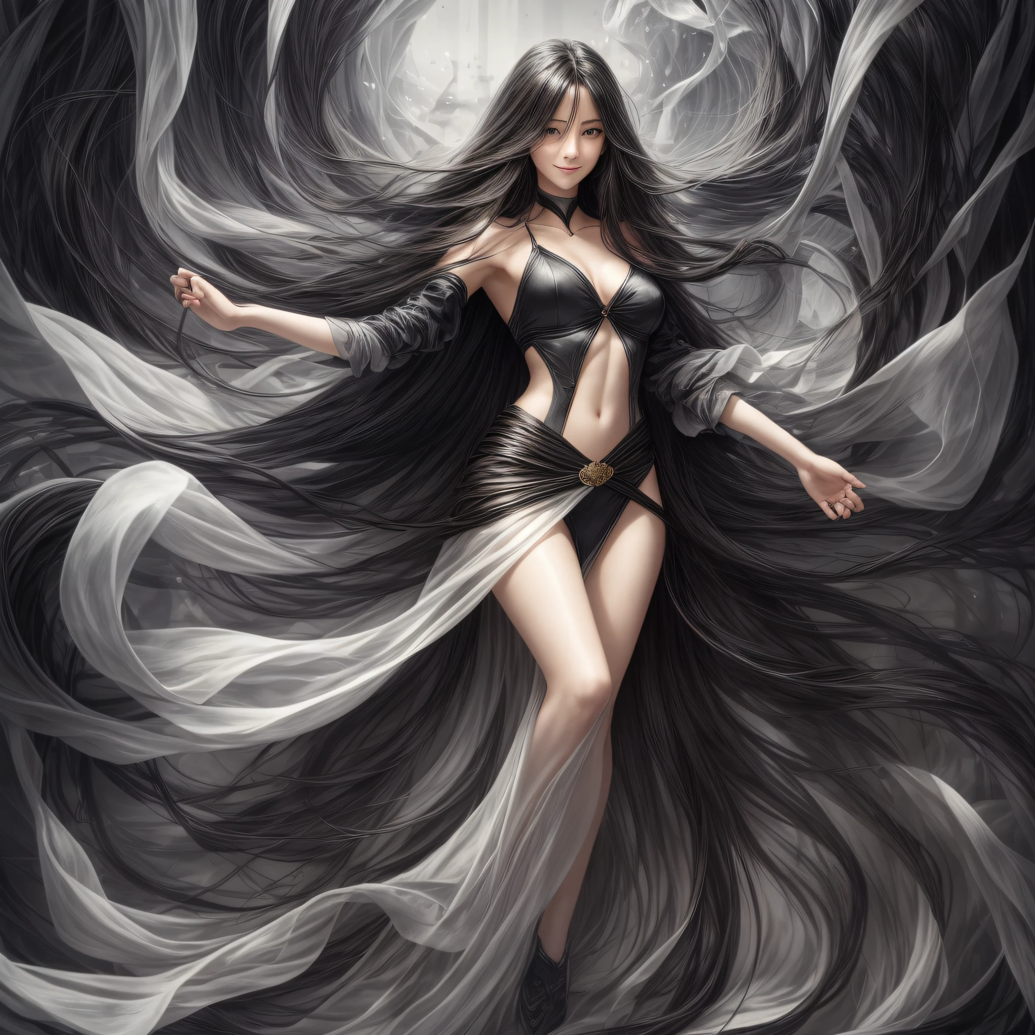 Dignified, cold, realistic, real, beautiful, long-haired, black-haired, mysterious, thin, woman, full-body, arms outstretched, turning, strong wind, smile --auto --s2