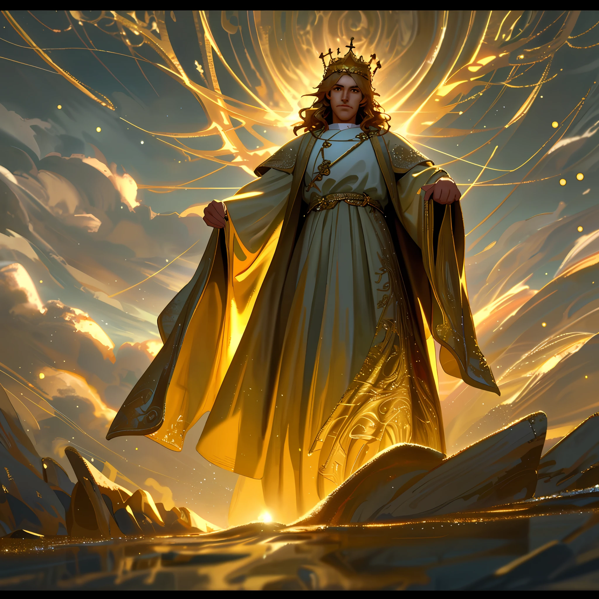 jesus 1:3, walking on water in the middle of a storm, ((Jesus wearing a golden crown)), camera view from the bottom up, masterpiece, best quality, high quality, 8k extremely detailed CG unit wallpaper, award-winning photography, Bokeh, Depth of Field, HDR, bloom, chromatic aberration, photorealistic, extremely detailed, trend in artstation, trend in CGsociety, intricate, high detail, dramatic, art in the middle of the journey, (( cinematic lighting))
