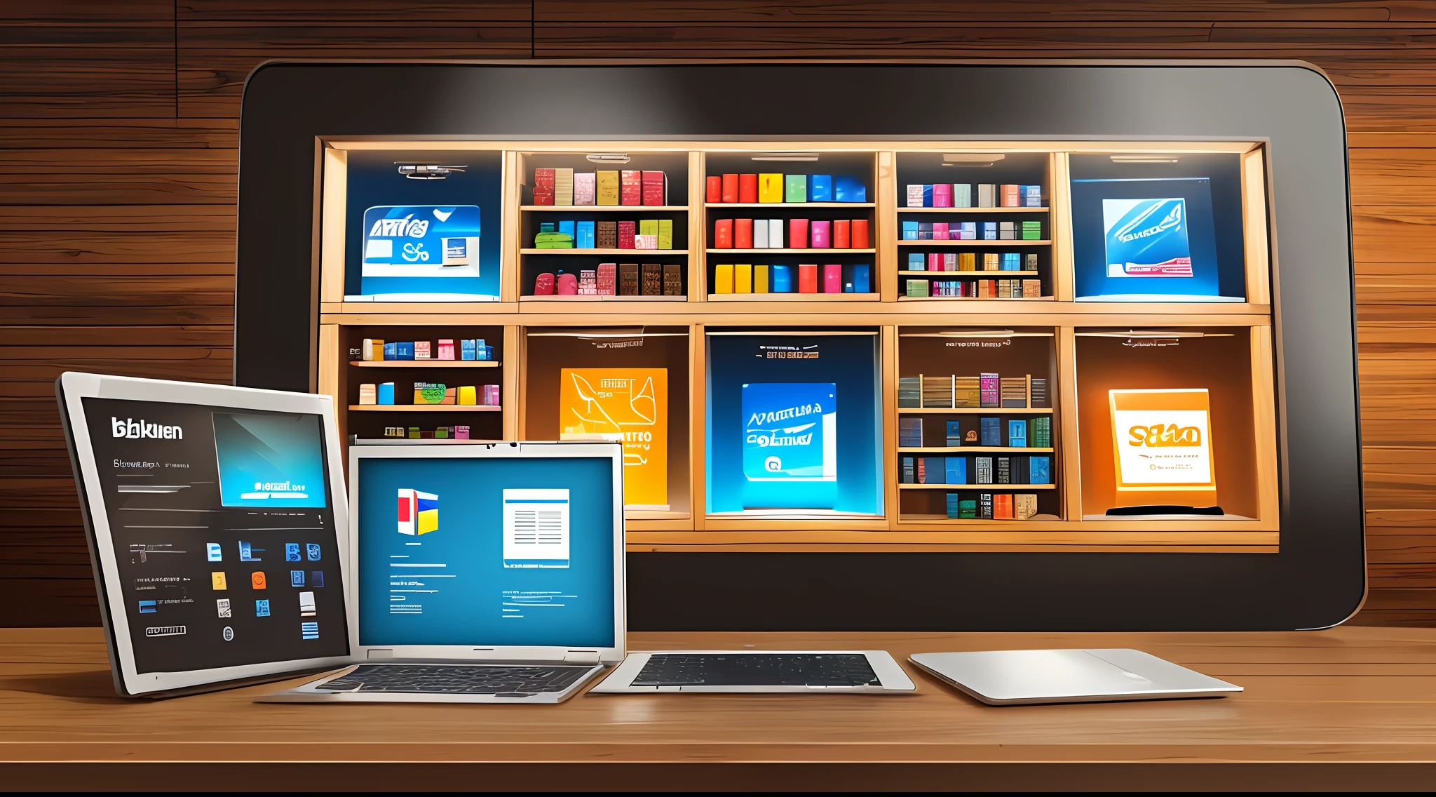 (Ultra-realistic depiction of a store with shelves of products:1.1), (seamless integration of physical and online commerce),(dynamically changing display on a laptop screen),(brown wooden shelves),(modern laptop),(dynamic movements:0.8),(glowing, vibrant and beautiful colors:1.2),(perfect depth), (dimensional atmosphere),(embedding tags). --auto --s2