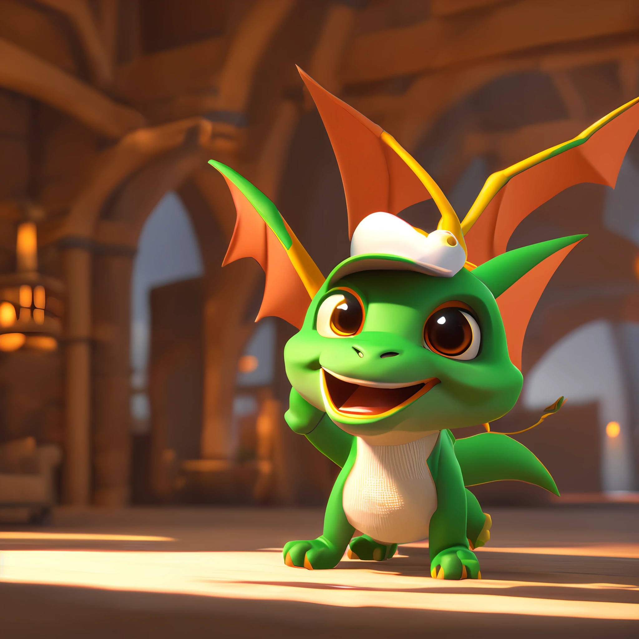 Cute cute little dragon waving and smiling greeting me, Unreal Engine, cozy interior lighting, art station, detailed digital painting, film, character design by Mark Redden and Pixar and Hayao Miyazaki, Unreal 5, daz, surrealism, octane rendering, 3DMDT1
