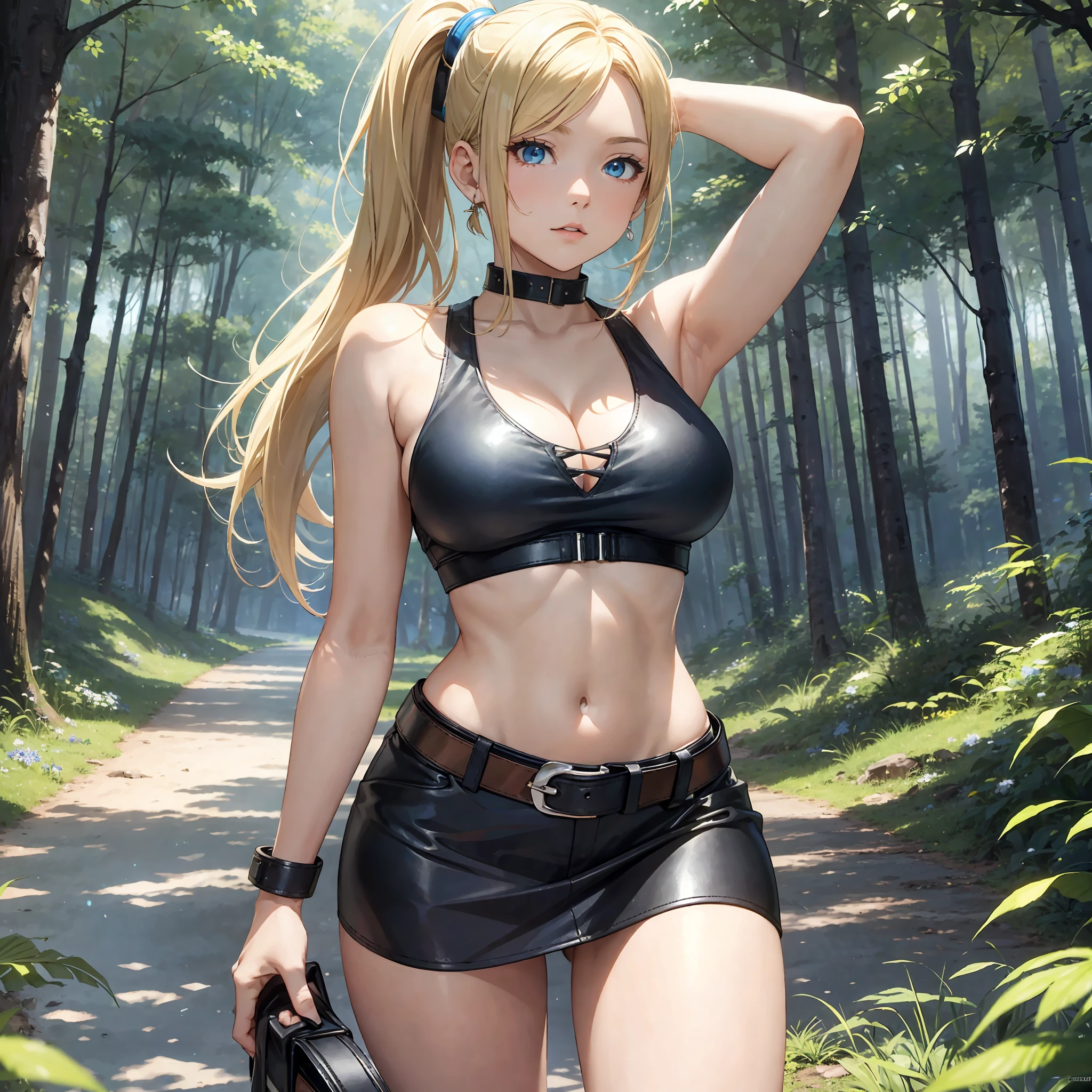 (masterpiece, best quality) 1.5, 1girl, solo, (sexy, beautiful woman, perfect face, perfect eyes), samus aran, black leather skirt up to the knee, leather belt, white tank top with neckline, white sneakers, walking in the forest, (blue eyes, blonde hair, ponytail) --auto --s2