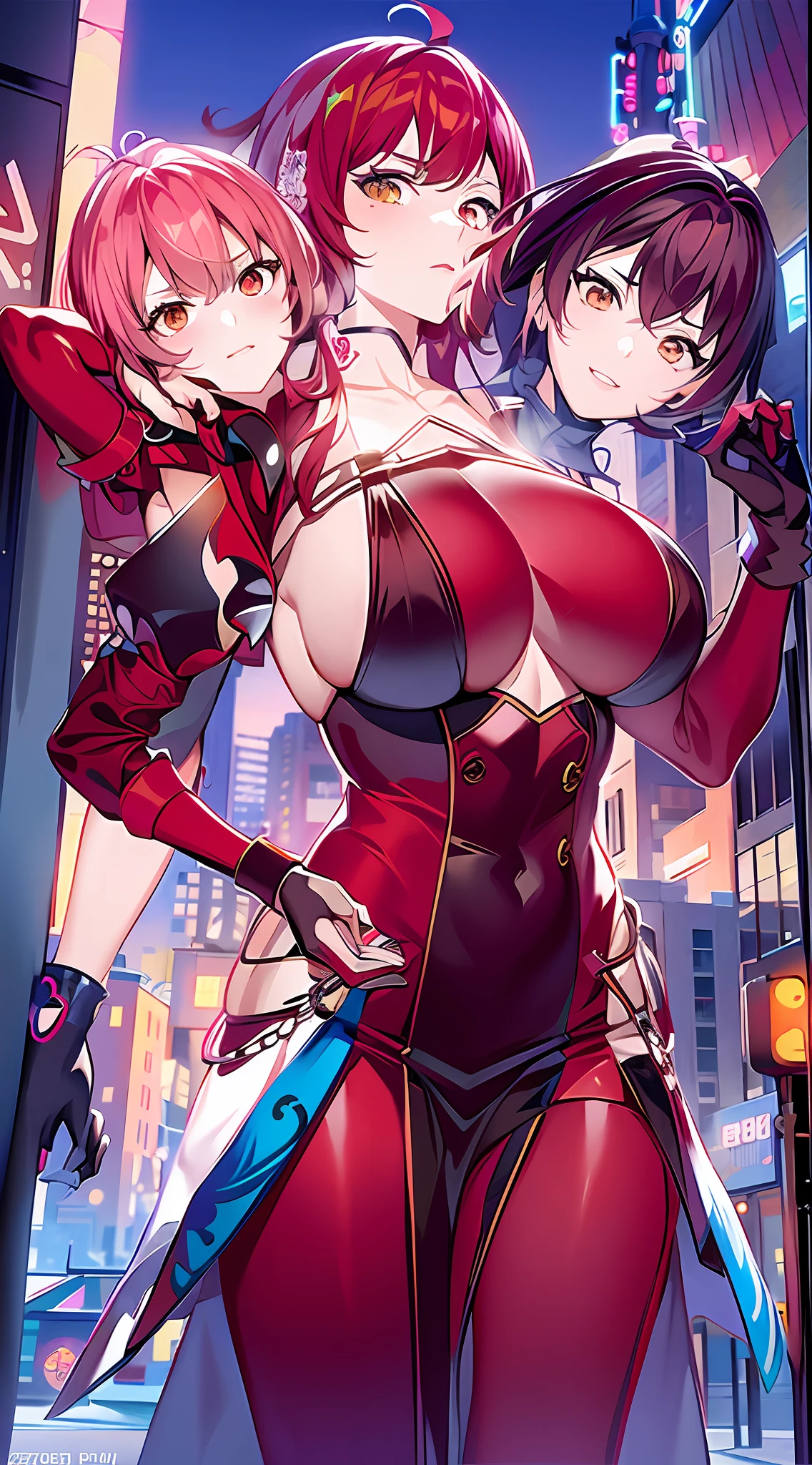 anime - style image of three girls in a city with a city in the background, biomechanical oppai, oppai cyberpunk, krenz cushart and artgerm, oppai, extremely detailed artgerm, range murata and artgerm, wlop and sakimichan, pixiv 3dcg, anya from spy x family