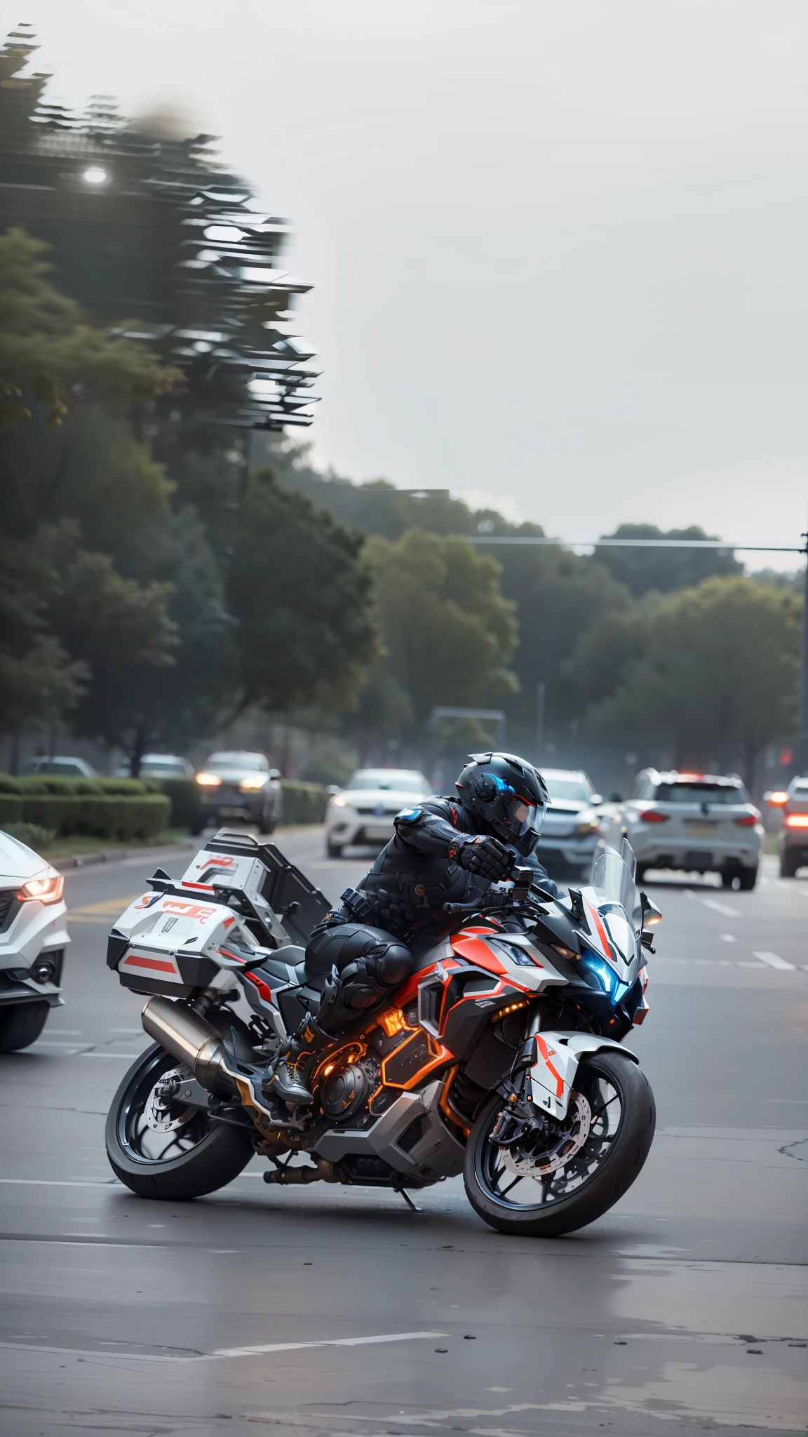 Mighty Cyber Male Warrior with Hands on Chest and Cyber Mechanical Motorcycle, Wearing High-Tech Armor, Nousr, Biomechanics, MSHN Robotic Man, High-Tech Helmet, Hyperrealistic, Steel, Intricate Design, Crazy Details, Fine Details, Extremely Clear Lines, Cinematic Lighting, Photo Realistic, Detailed Masterpiece