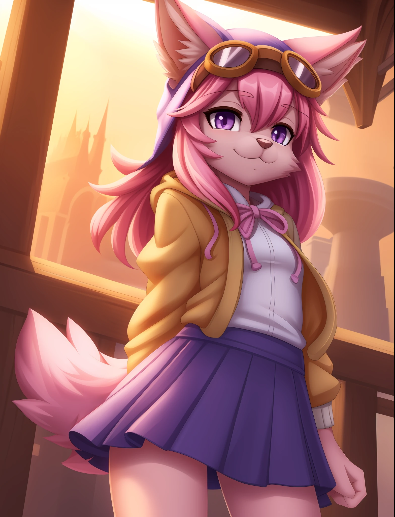 (masterpiece_1.3), (best quality_1.2),1girl,chocolat gelato \(solatorobo\),furry female,dog tail, dog girl,dog ears,pink hair,lo*i,bangs,purple eyes,animal nose,dog tail,goggles,hooded cardigan  prairie skirt   ,Dutch angle