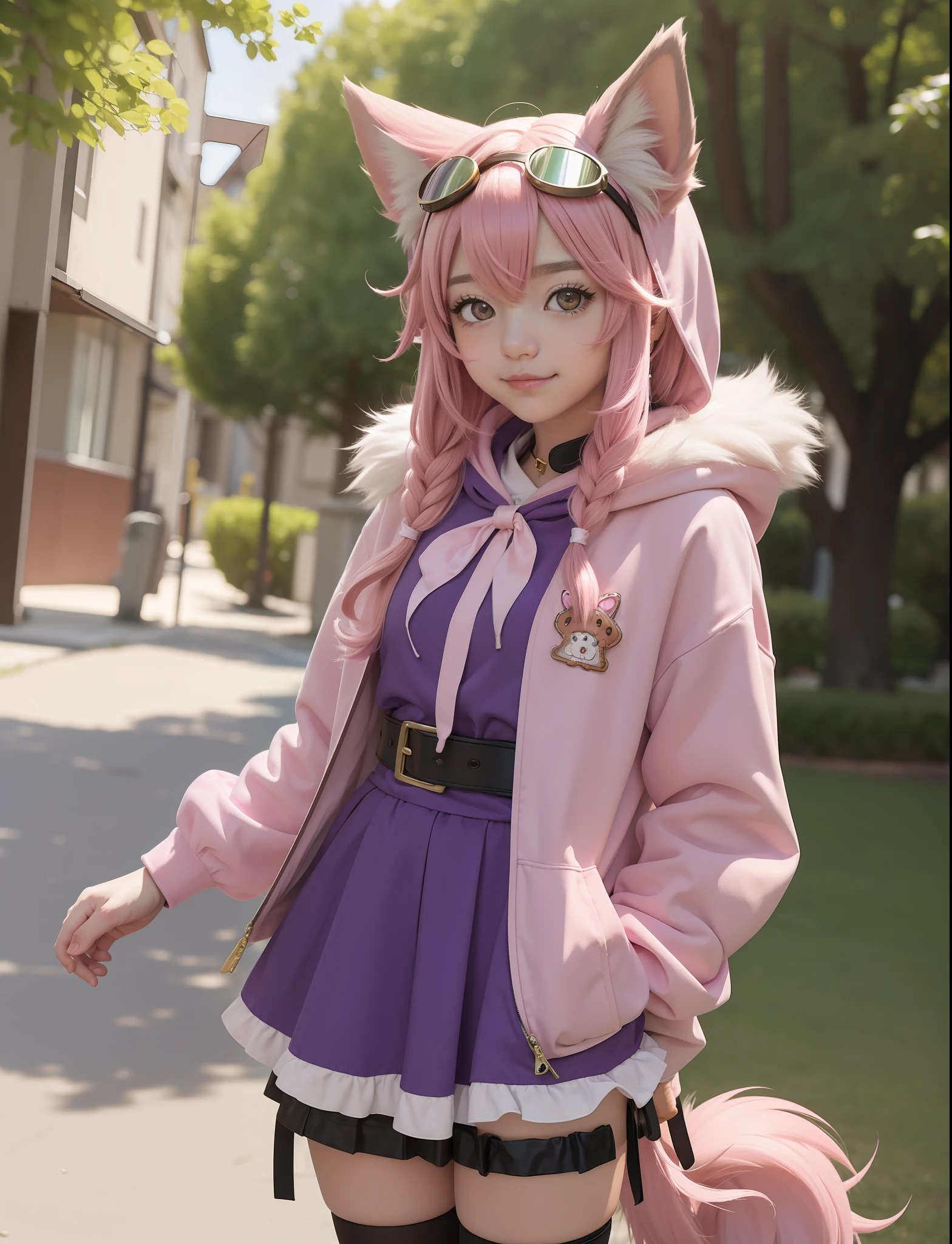 (masterpiece_1.3), (best quality_1.2),1girl,chocolat gelato \(solatorobo\),furry female,dog tail, dog girl,dog ears,pink hair,lo*i,bangs,purple eyes,animal nose,dog tail,goggles,hooded cardigan  prairie skirt   ,Dutch angle