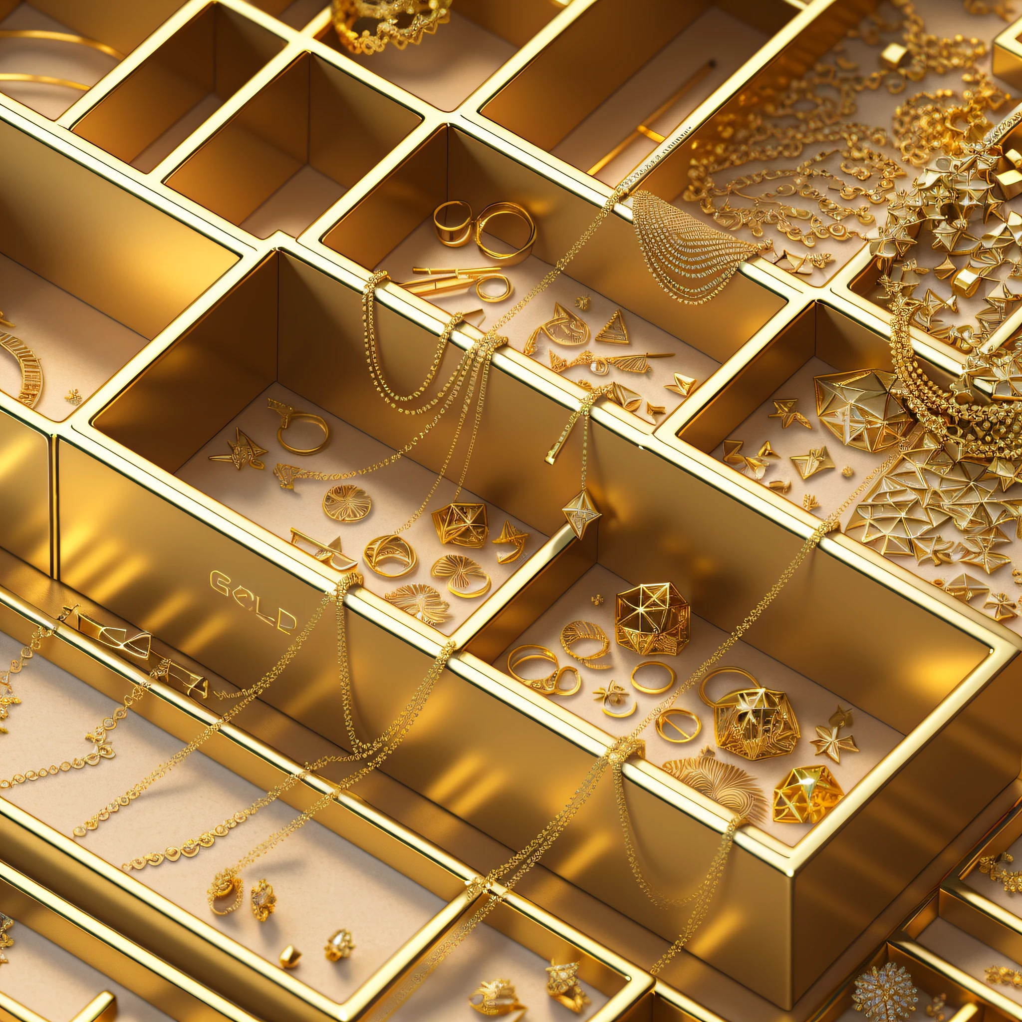 gold jewelry. (very detailed CG 8K wallpaper unit), better quality, (best illustrations), (best shadows), studio theme, as well as (natural elements), minimalist boxes, (brightness), (particle effects). 3D isometric, Octane rendering, ray tracing, ultra-detailed
