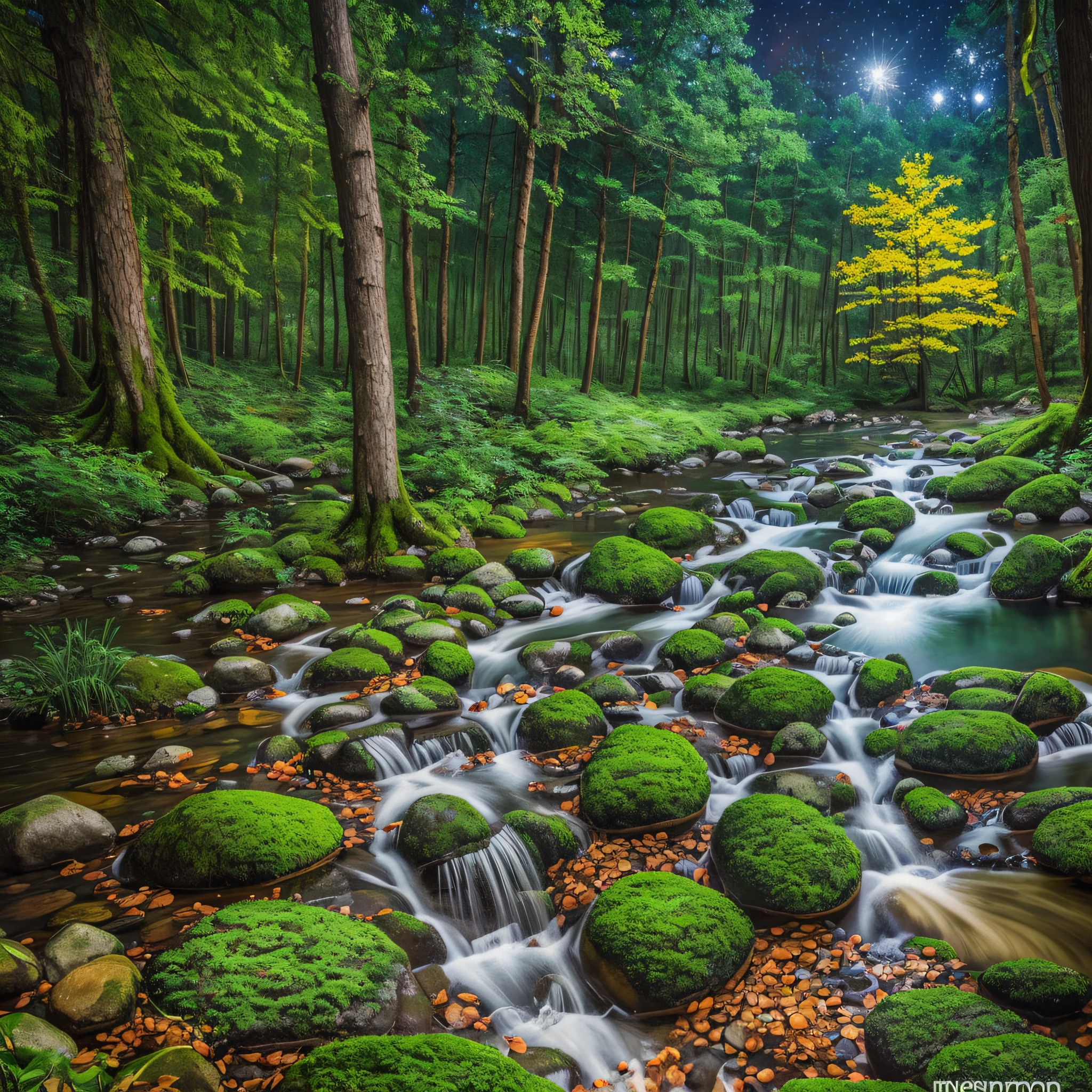 An enchanted forest, with lakes, and lights, running water at night, maximum quality, work of art, work of art, maximum detail, wide-angle lens, perfection, many details, nature --auto --s2