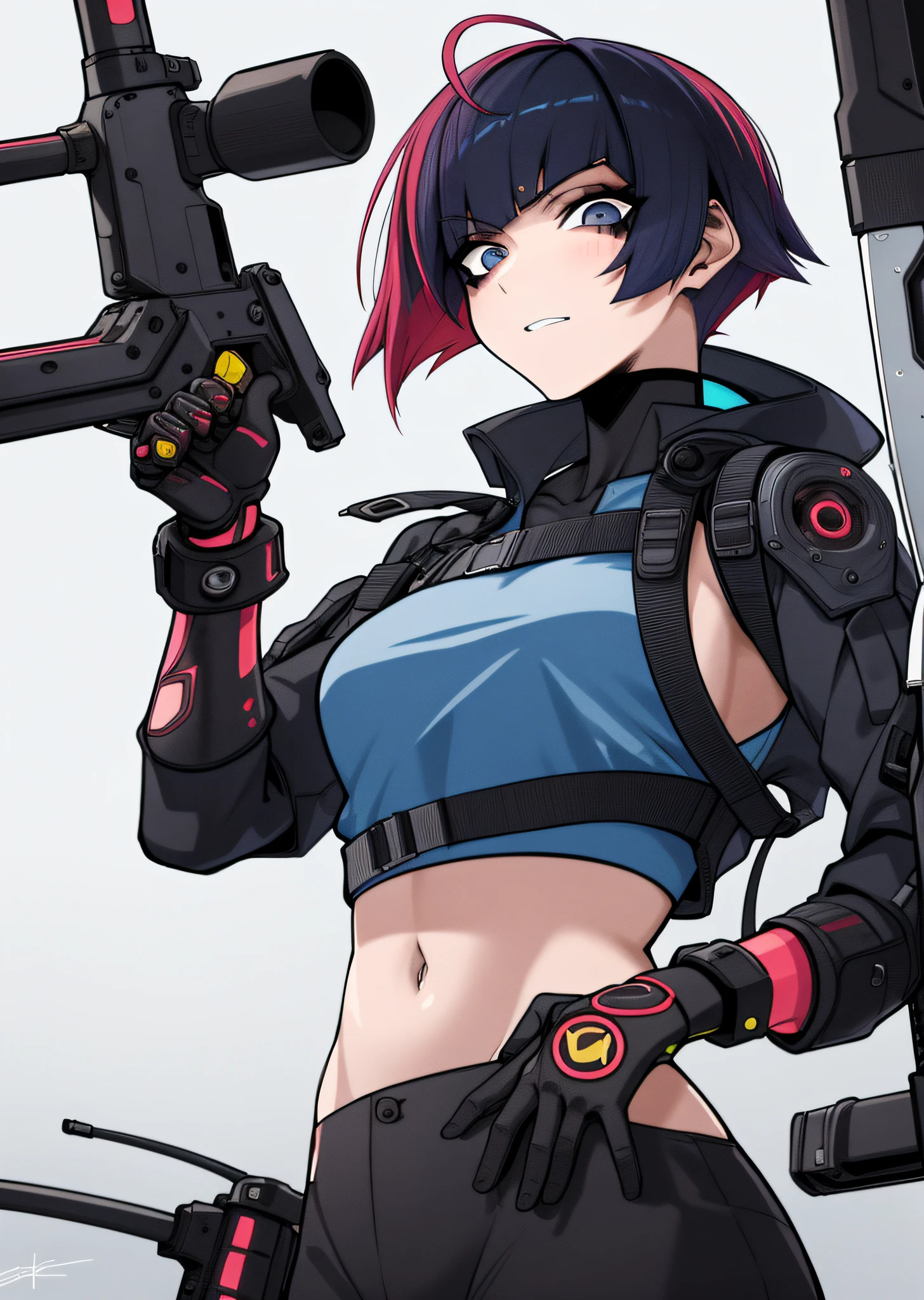 Photorealistic masterpiece in high resolution, best quality, with flat colors and amazing splash paints. Composition of the face, with 1 girl with short colored hair and cyberlimbs, wielding a katana. All this in a cyberpunk setting