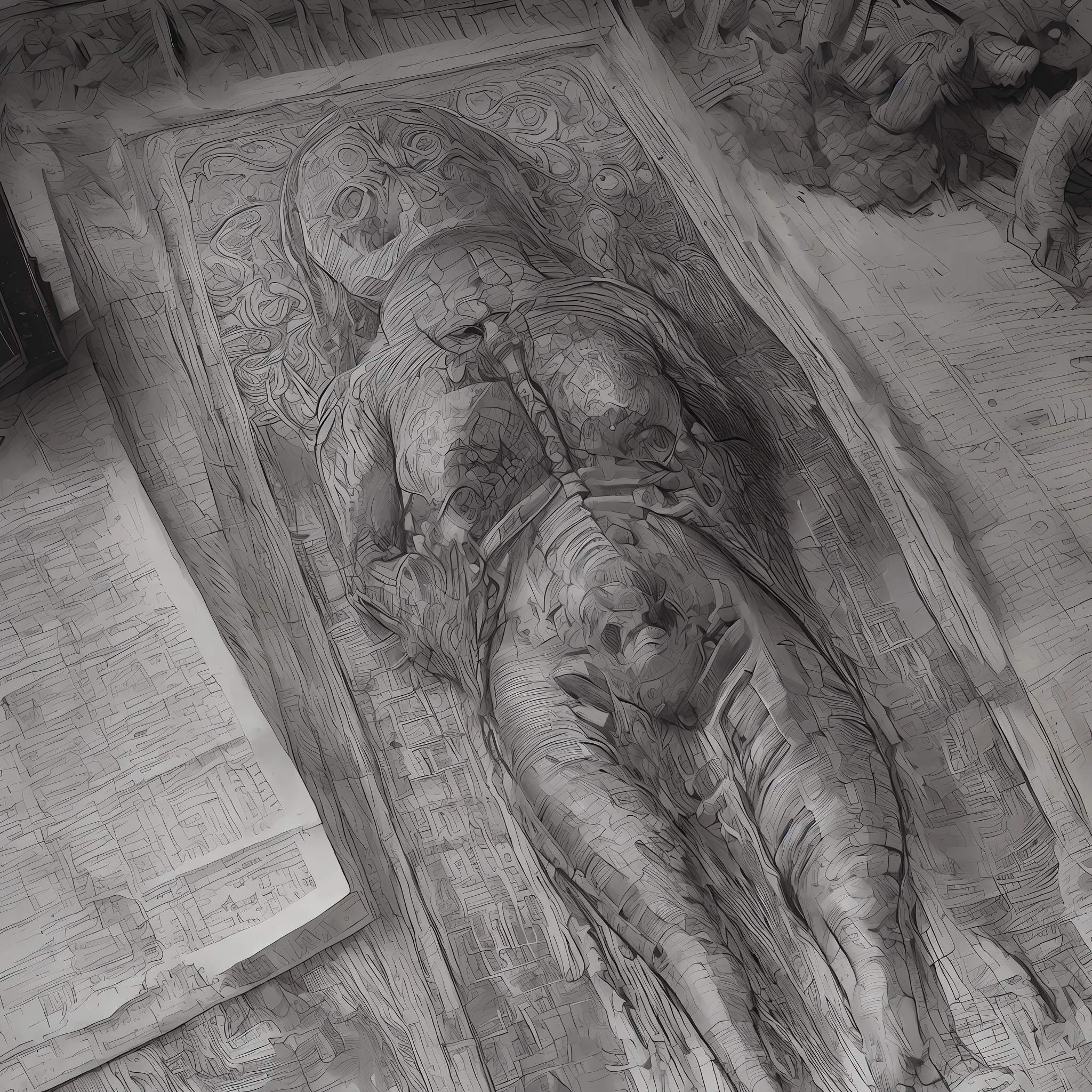 A handmade drawing in black and white on a parchment, a demon, lying on the operating table, anatomy, ((4-legged demon with spruce chest )),party, masterpiece, detailed, handmade, artbook, pencil, art, (Leonardo da Vinci), light, autopsy, coroner, perfect, super detailed, catacomb, castle