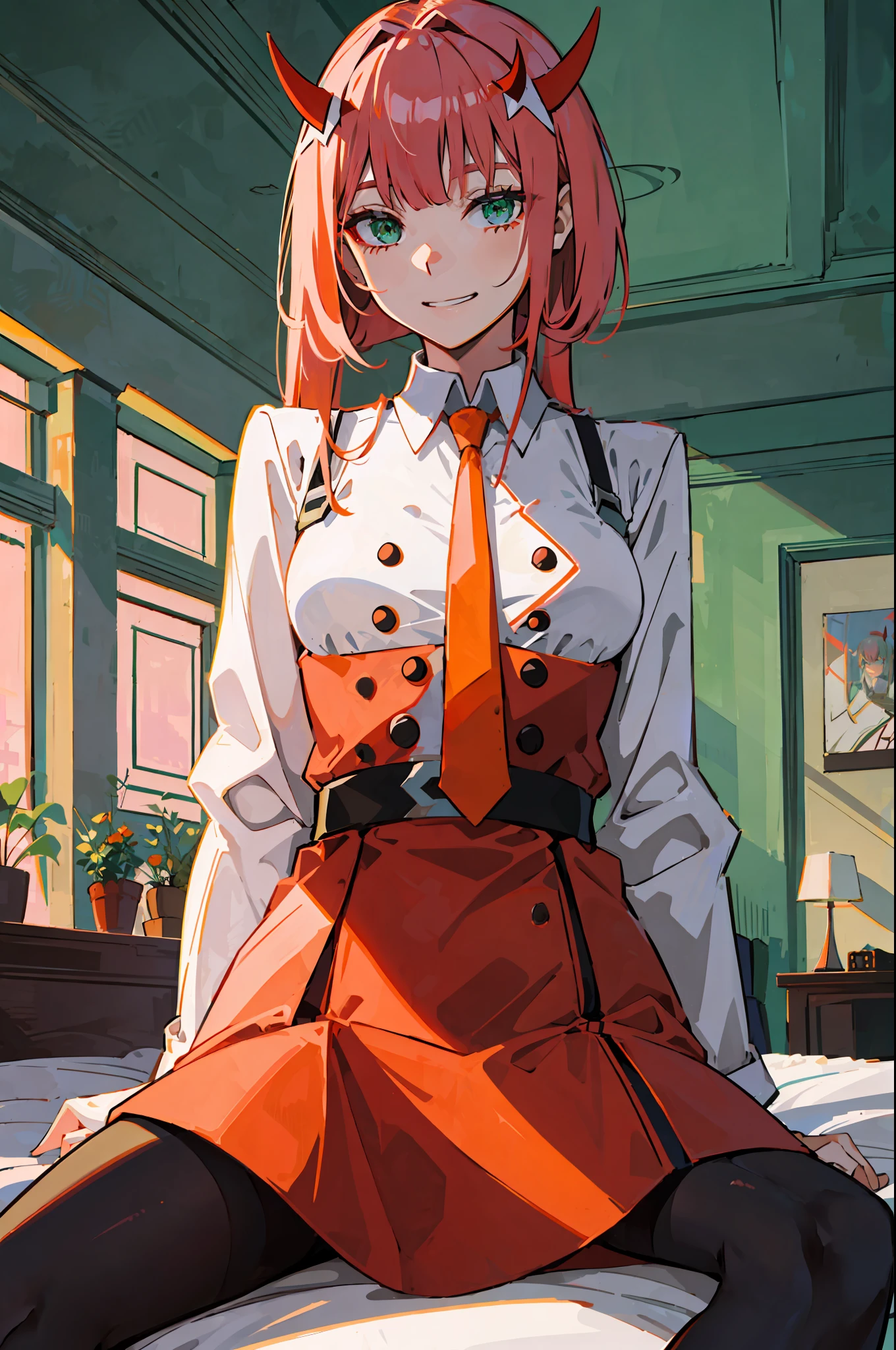 zero two \(darling in franxx\), darling in franxx, 1woman, smiling, sitting, bangs, biting, shadow, green eyes, hair behind head, horns, long hair, makeup, small breasts, red dress, orange tie, black buttons, belt, pantyhose, big thighs, pink hair, red eyeshadow, detailed background, bedroom, home, bed