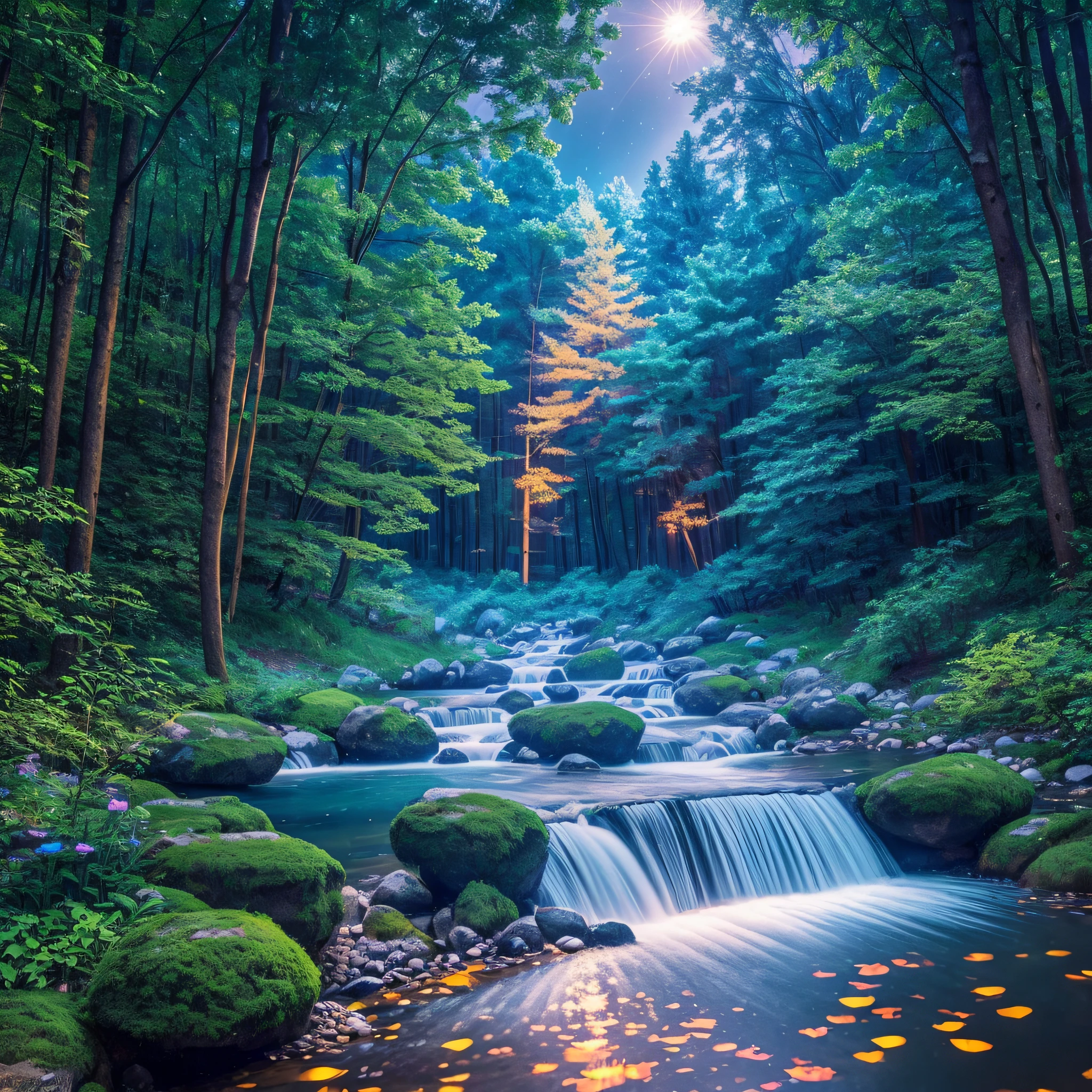 An enchanted forest, with lakes, and lights, running water at night, maximum quality, work of art, work of art, maximum detail, wide-angle lens, perfection, many details, nature --auto --s2