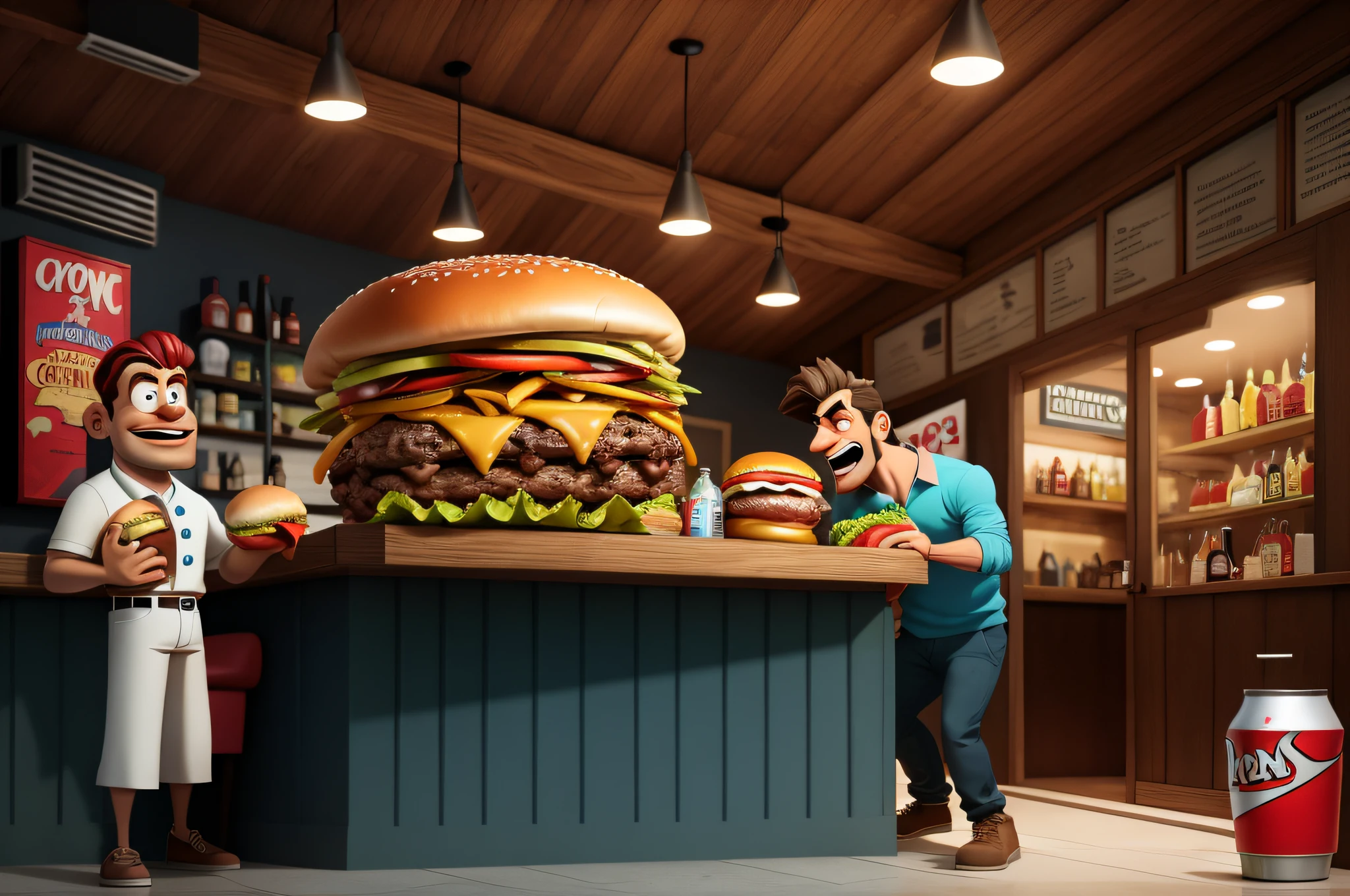 Cartoon of a man with an open mouth and holding a very giant burger, bigger than his face, and a soda, in the background inside the establishment.