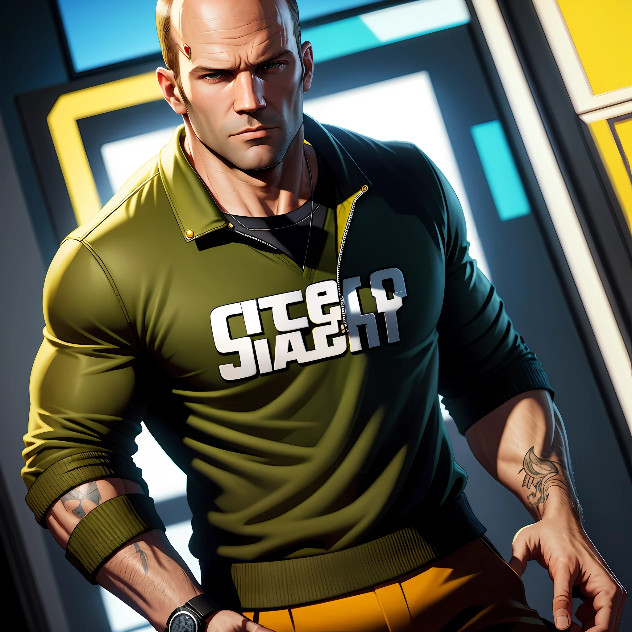 GTAV Loading Screen 2D Art, Jason Statham as GTA5 Character, Film Composition, Shaders, Bright Cinematic Lighting, Soft Contrast, GTA5 Loading Screen