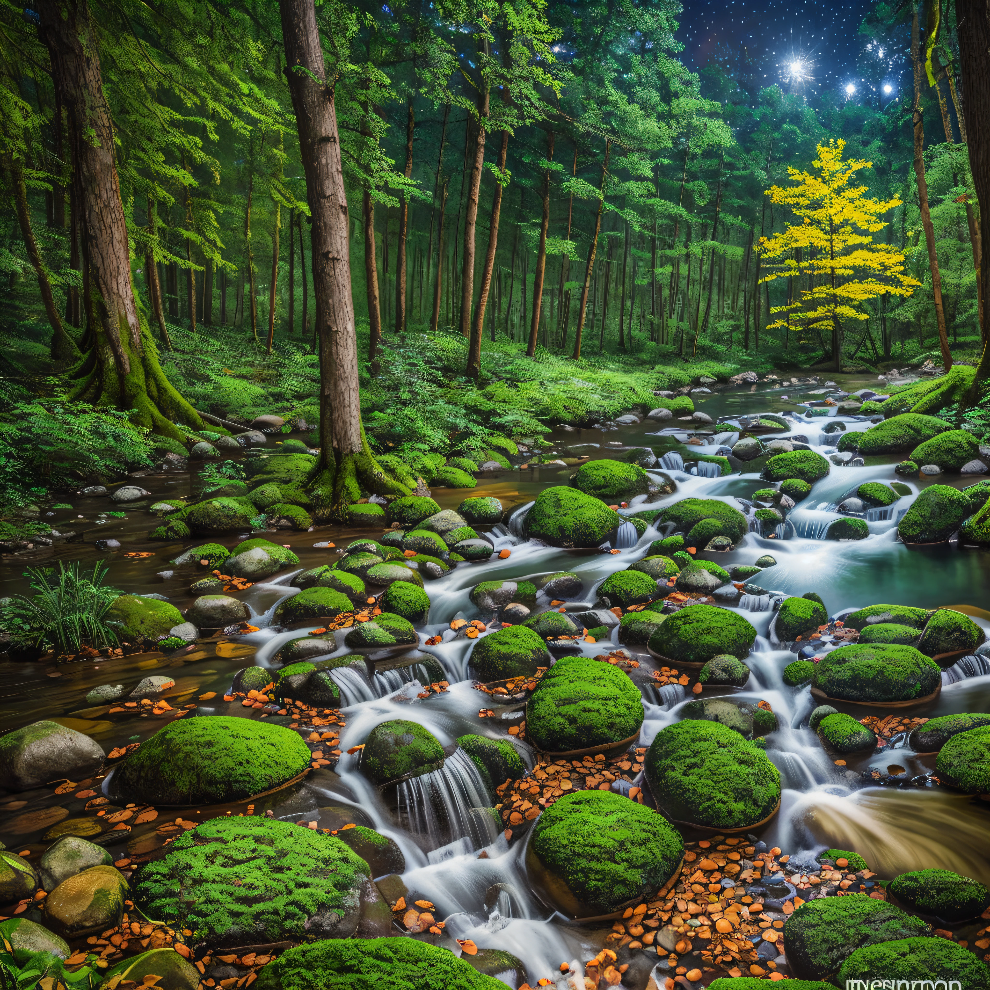 An enchanted forest, with lakes, and lights, running water at night, maximum quality, work of art, work of art, maximum detail, wide-angle lens, perfection, many details, nature --auto --s2