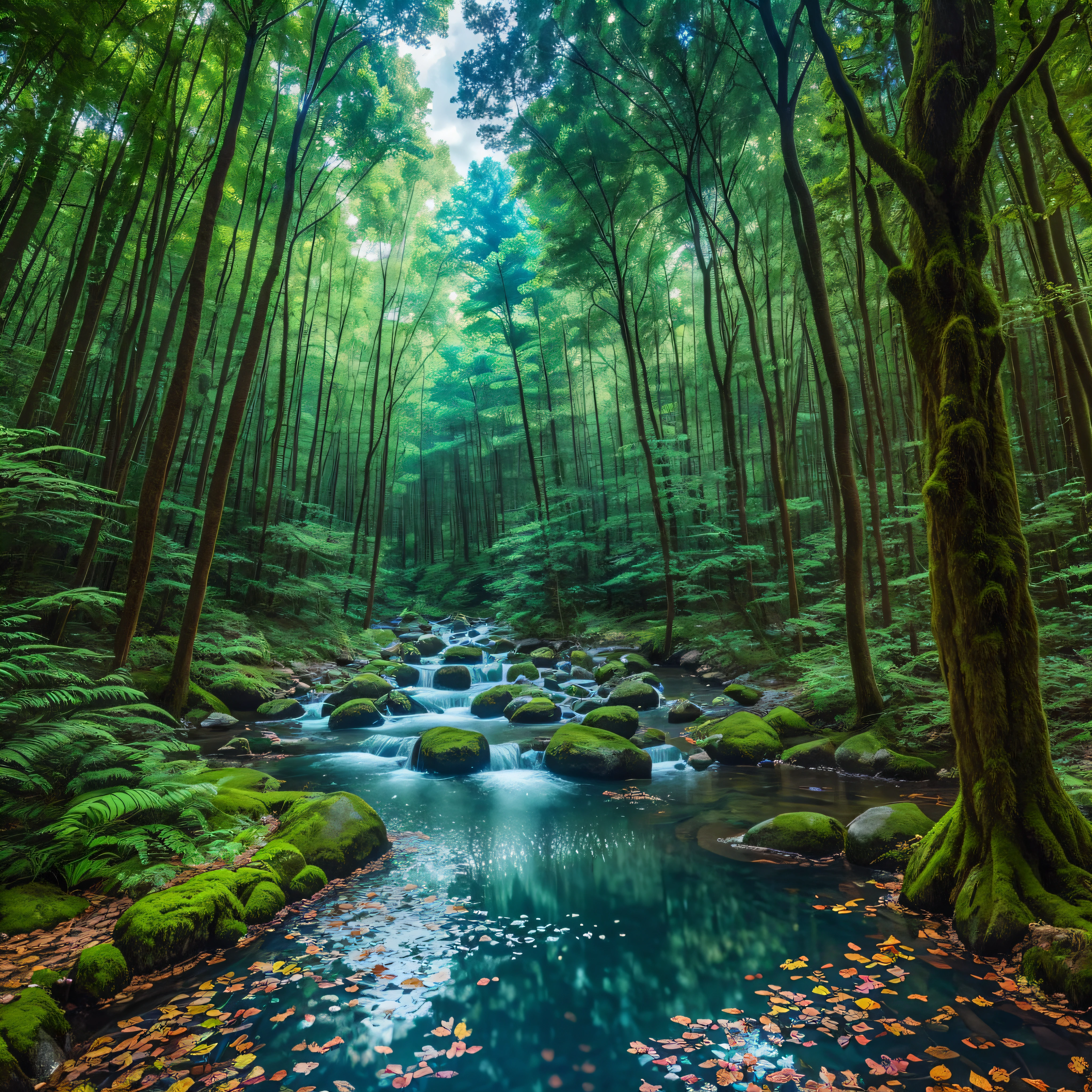 An enchanted forest, with lakes, and lights, running water at night, maximum quality, work of art, work of art, maximum detail, wide-angle lens, perfection, many details, nature --auto --s2