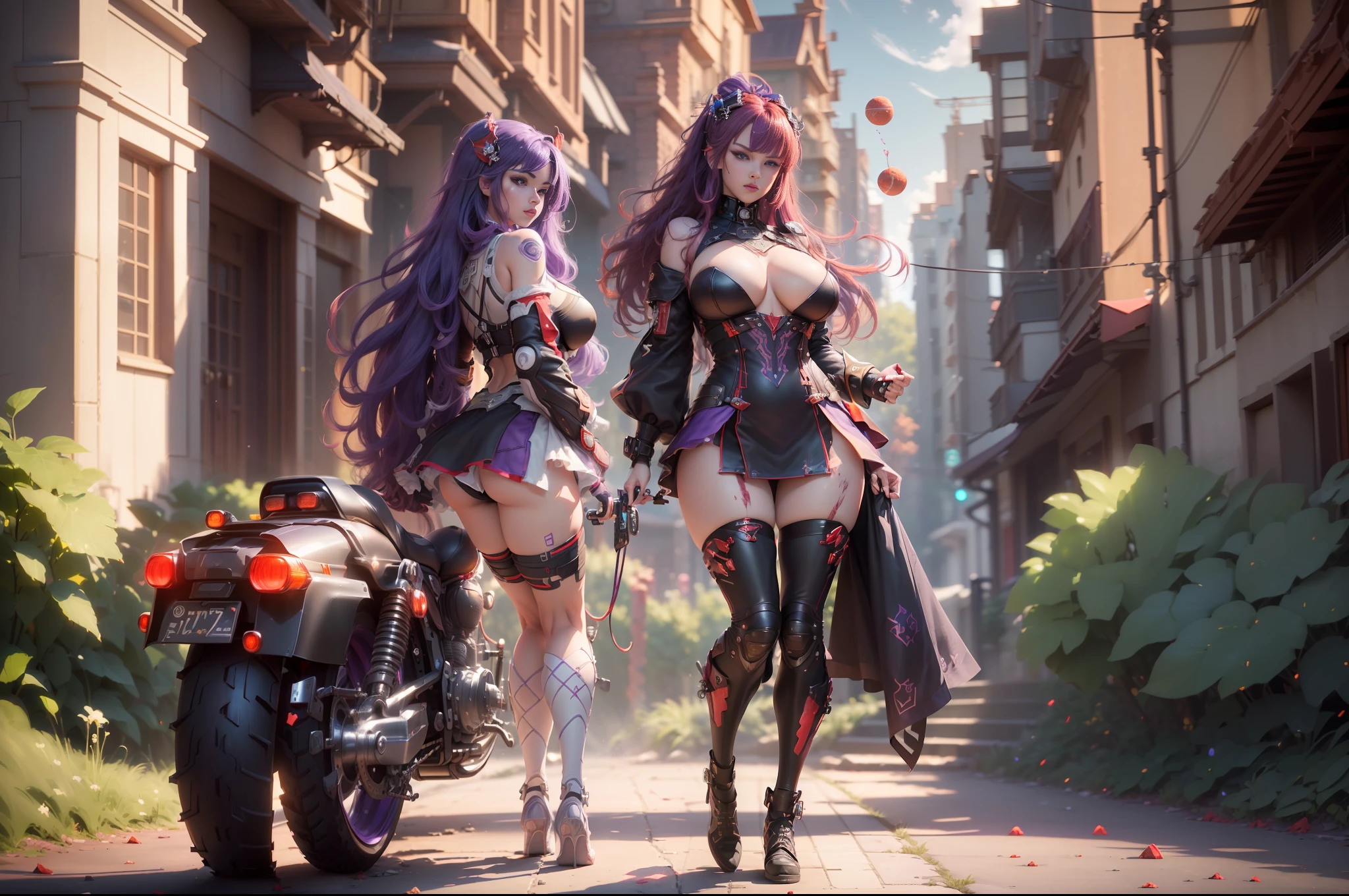 (twin sisters) Good figure (((purple hair) beauty ((cold) (tall) (proud))) (a ((blood red hair) beauty (hot body) ((charming) (charming))) back to back background (purple) (blood) moon wearing gothic costume (motorcycle) (motorcycle) track absurd 8KHD masterpiece Prominent characters Brilliant picture Rich picture Highest image quality Dynamic picture Brilliant background Dynamic confusion Full body photo Hologram Detailed facial portrayal Remember details Face vivid face Face Repair Launcher Ray Tracing, NVIDIA RTX, Super Resolution, Unreal 5, Subsurface Scattering, PBR Textures, Post Processing, Anisotropic Filtering, Depth of Field, Maximum Clarity and Acutance, Multi-layer Textures, Albedo and Highlight Mapping, Surface Shading, Accurate Simulation of Light-Material Interactions, Perfect Proportions, Octane Rendering, Two-tone Lighting, Low ISO, White Balance, Rule of Thirds, Wide Aperture, 8K RAW, High Efficiency Sub-Pixel, Subpixel Convolution, Glowing Particle
