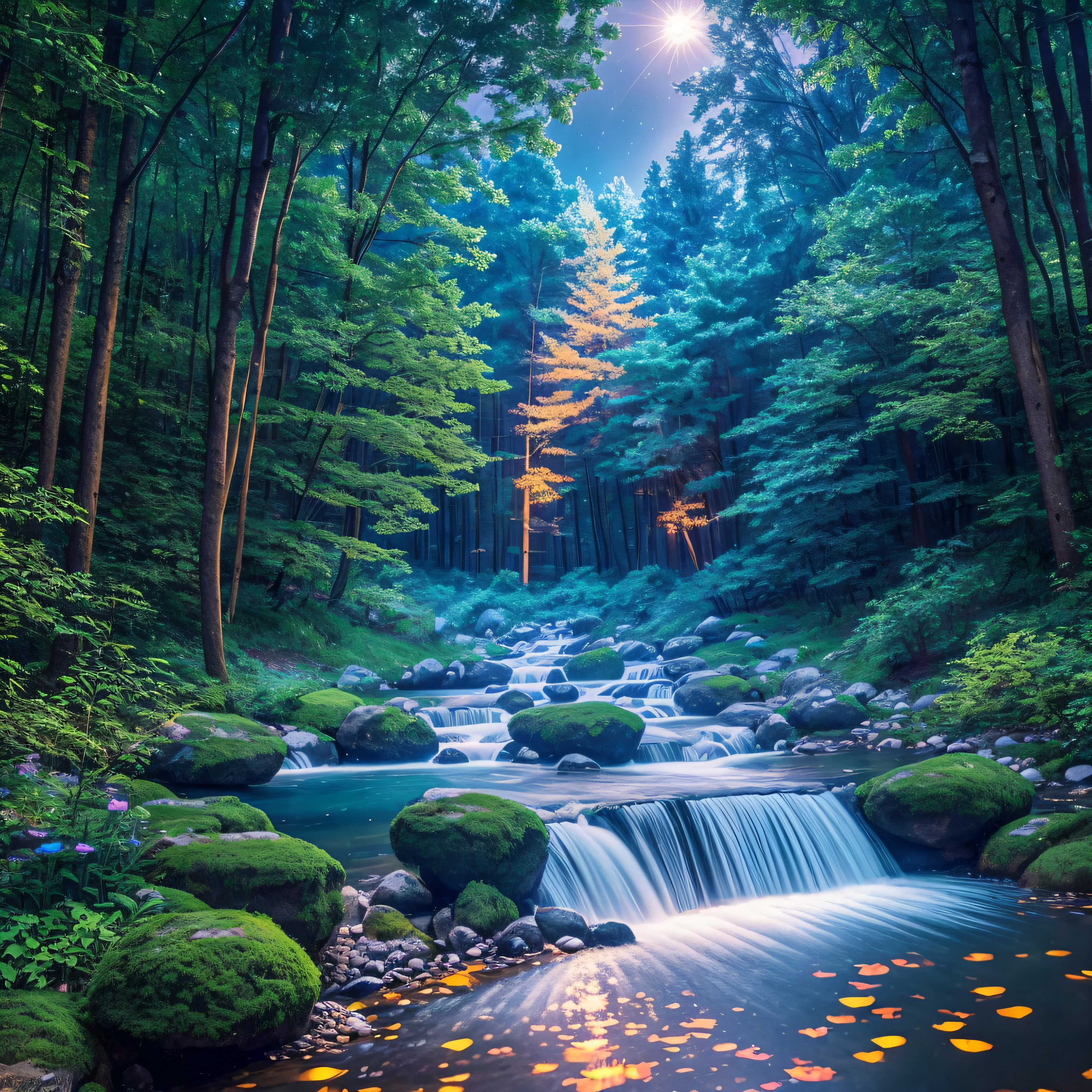 An enchanted forest, with lakes, and lights, running water at night, maximum quality, work of art, work of art, maximum detail, wide-angle lens, perfection, many details, nature --auto --s2