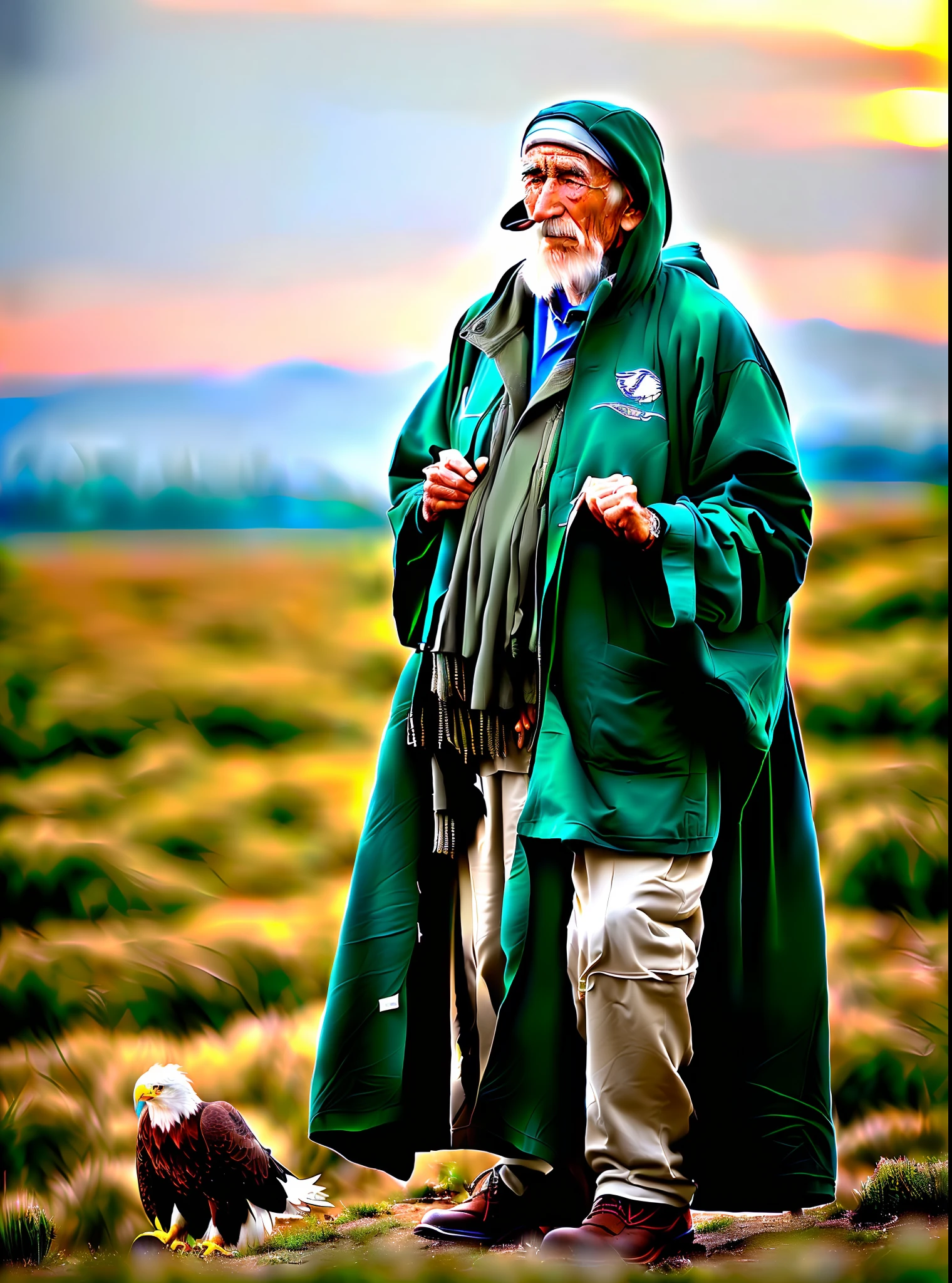 1Old man with sage appearance,1eagle :1,0) detailed and highly synematographical image at sunset, (highly detailed background: 1.0), (1old sage and his eagle: 1.1), full_body, hoodie, masterpiece, best quality, lake, grass, walk, chromatic aberration, depth of field, soft lighting,8k image