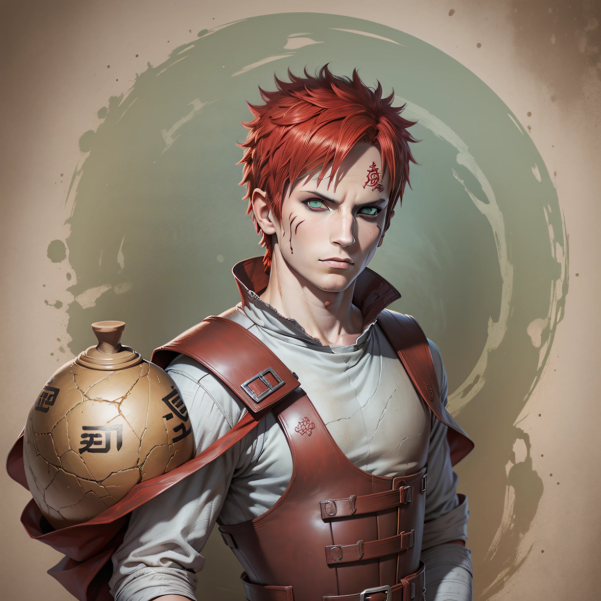 gaara, vest, face brand, fantasy, magic, ninja, parchment, gourd, anime, pop art, textured skin, super detail, high details, high quality