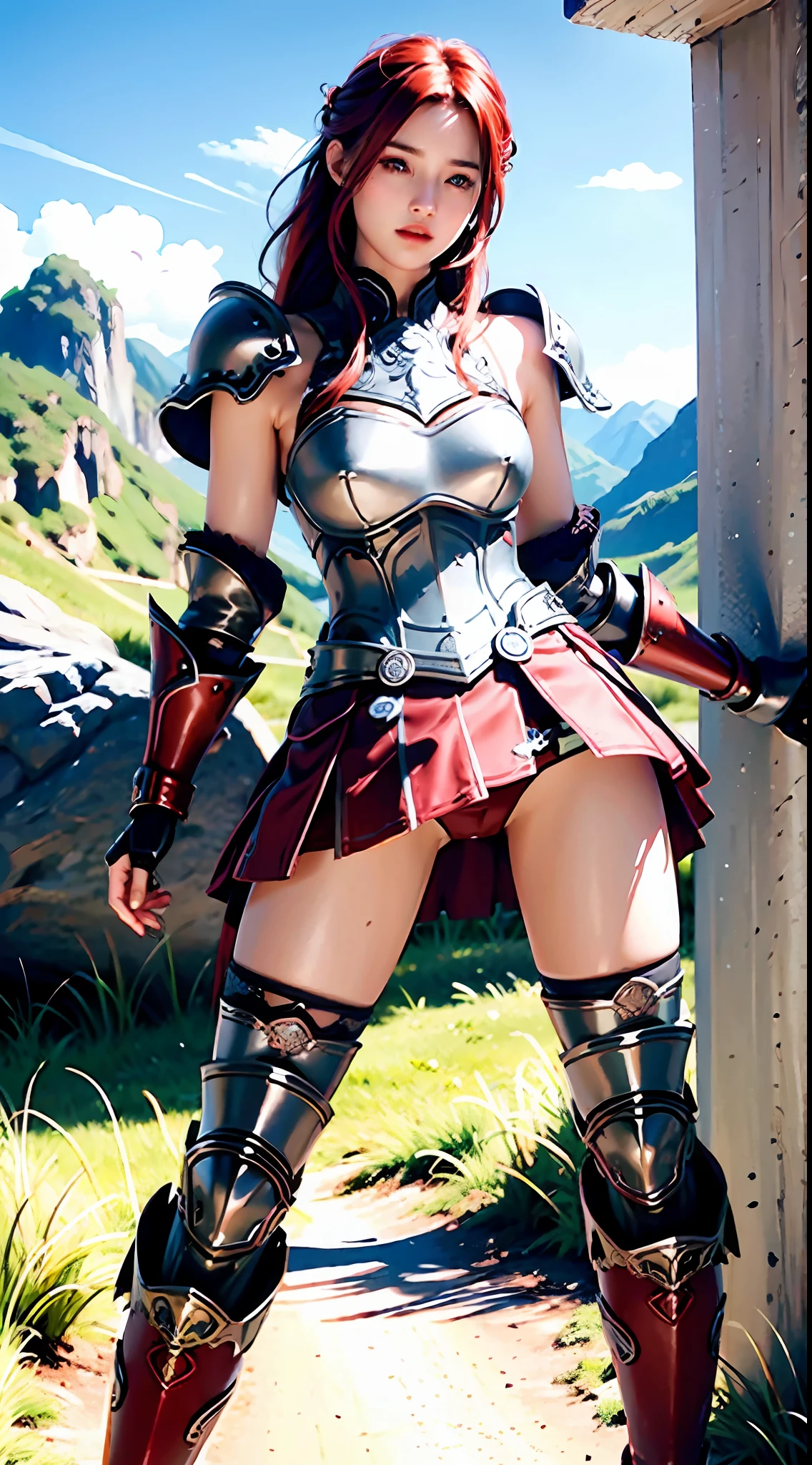 (hyper-realistic), (illustration), (high resolution), (8K), (extremely detailed), (best illustration), (beautiful detailed eyes), (best quality), (ultra-detailed), (masterpiece), (wallpaper), (detailed face), solo, 1 girl, Red-haired warrior, detailed, 1 girl, beautiful, 8k, artwork, ultra realistic, medieval fantasy, armor, steel breastplate, steel gauntlets, steel boots, red skirt, miniskirt, ((crouch)), open legs, panties, panties appearing, White Panties, Upskirt, Cameltoe, NSFW, Pantyshot