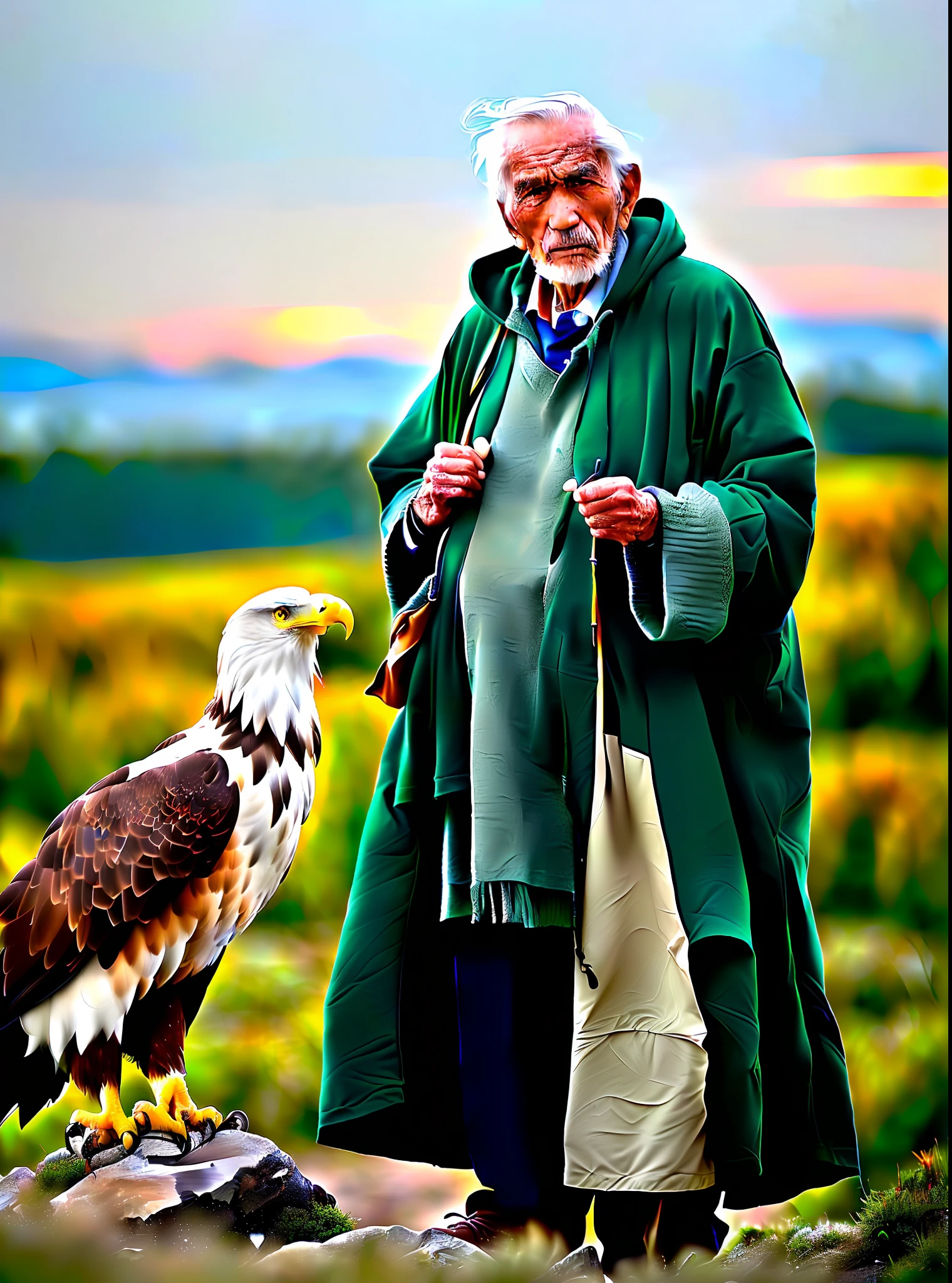 1Old man with sage appearance,1eagle :1,0) detailed and highly synematographical image at sunset, (highly detailed background: 1.0), (1old sage and his eagle: 1.1), full_body, hoodie, masterpiece, best quality, lake, grass, walk, chromatic aberration, depth of field, soft lighting,8k image