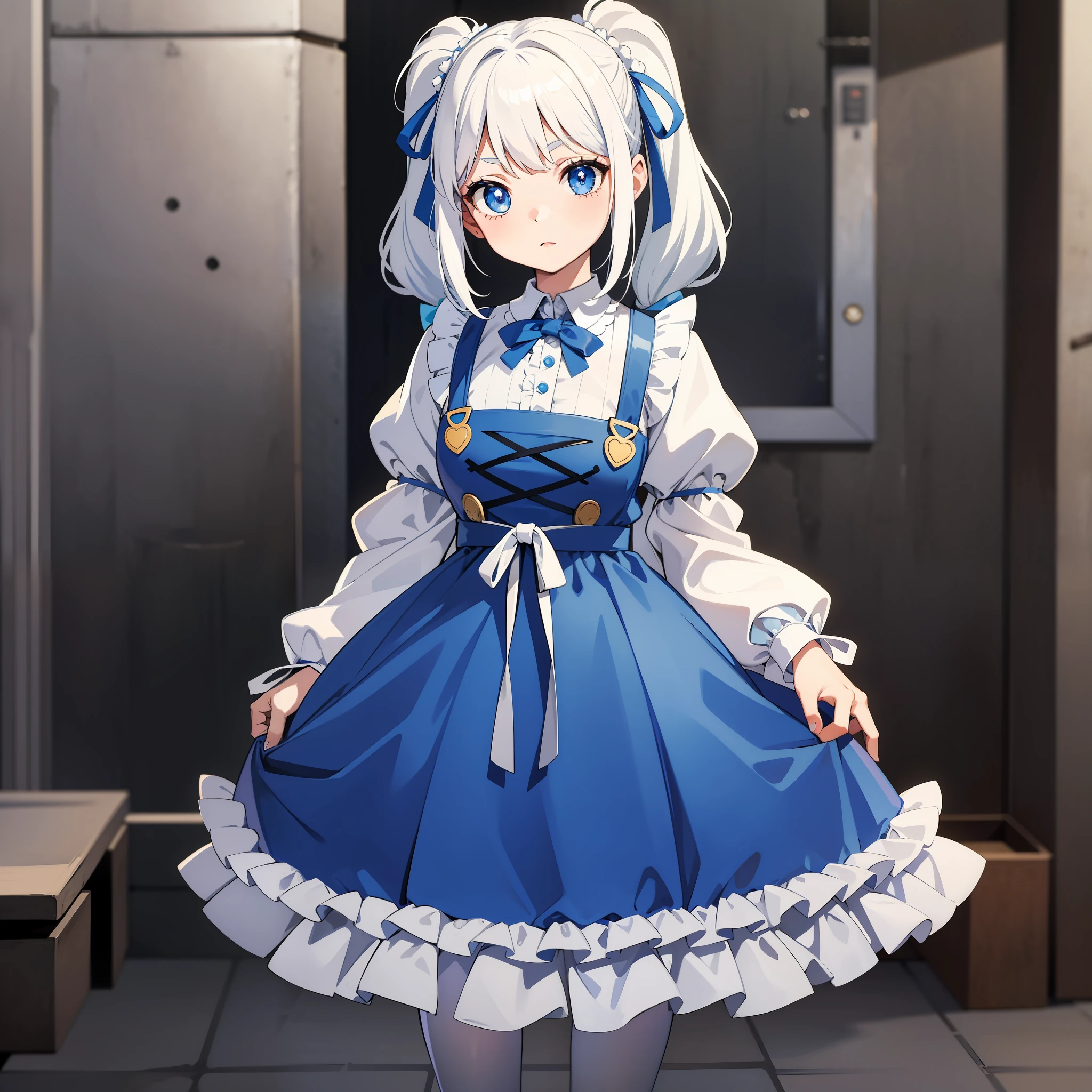 Ario has long, white hair that she ties up in two pigtails with matching blue ribbons. Her eyes are big and blue, with long lashes. She is of average height and has a slim figure. Ario loves wearing cute and colorful clothes, and her favorite outfit is a pastel blue dress with a white frilly apron.