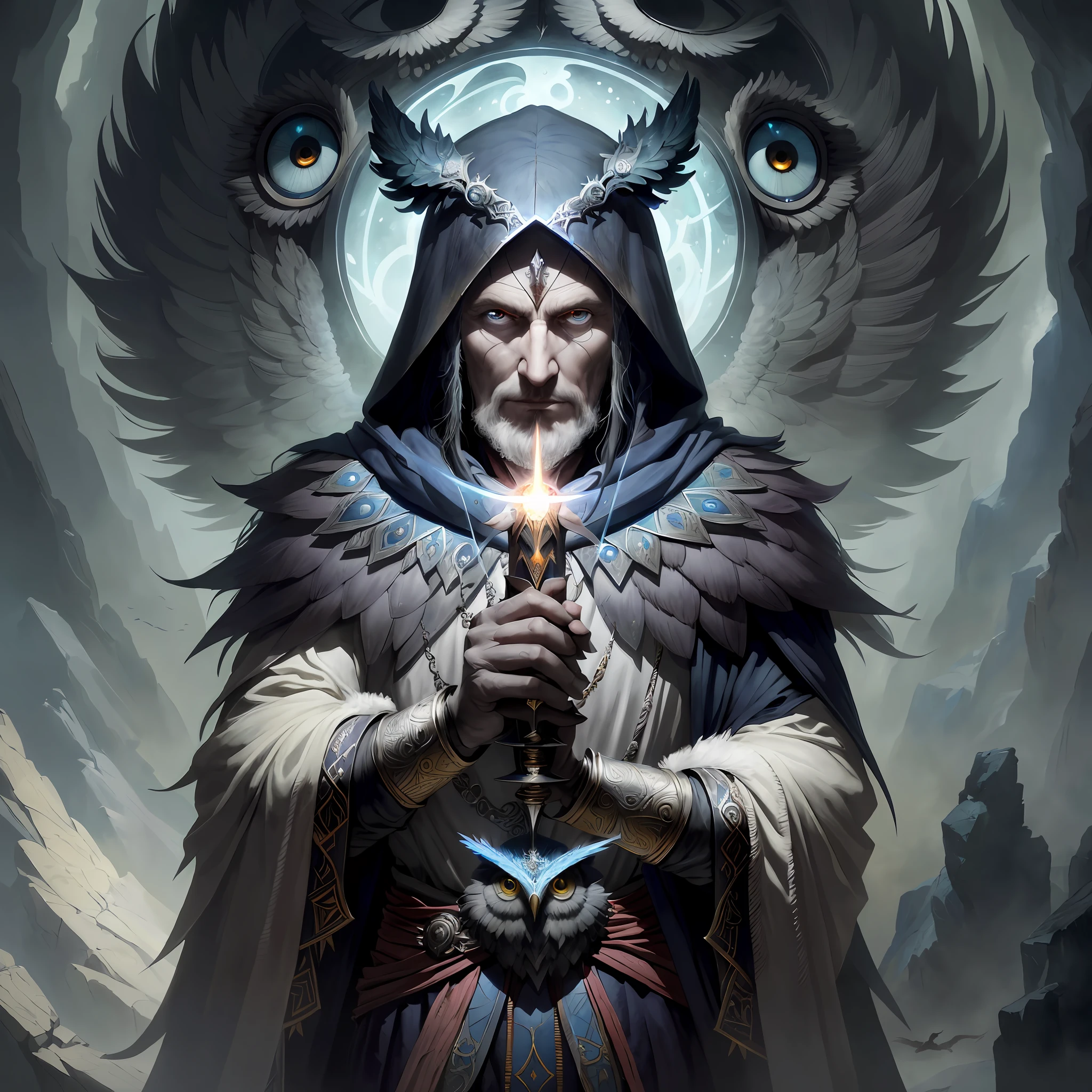 arafed image of a man with a sword and a bird on his shoulder, the allfather, fantasy rpg symmetrical portrait, magic : the gathering art, symmetrical epic fantasy art, fantasy card game art, wlo and peter mohrbacher, archmage, magic the gathering art, mohrbacher, owl wizard, dungeons and dragons fantasy art
