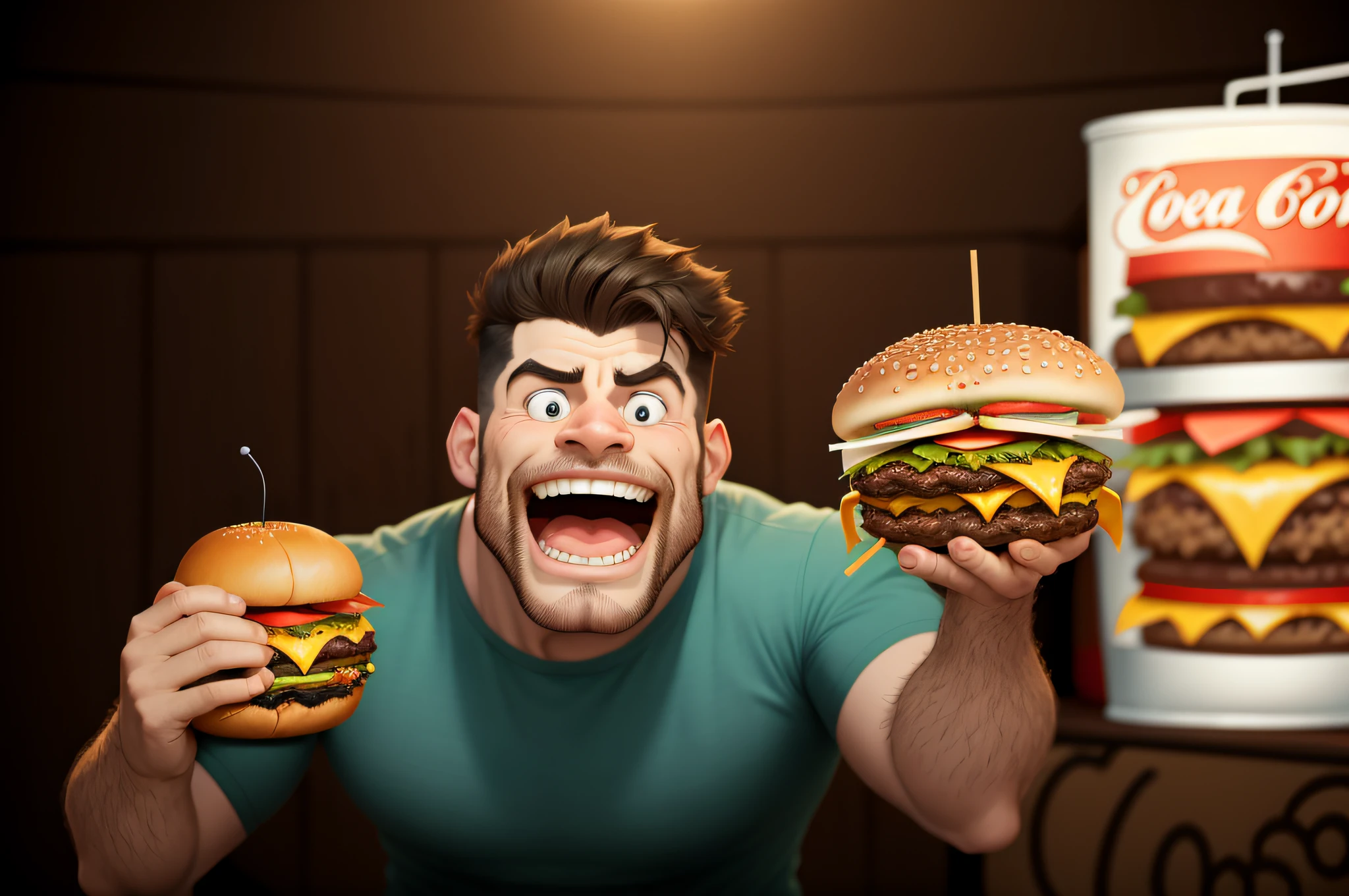 Cartoon of a man with an open mouth and holding a very giant burger, bigger than his face, and a soda, in the background inside the establishment.