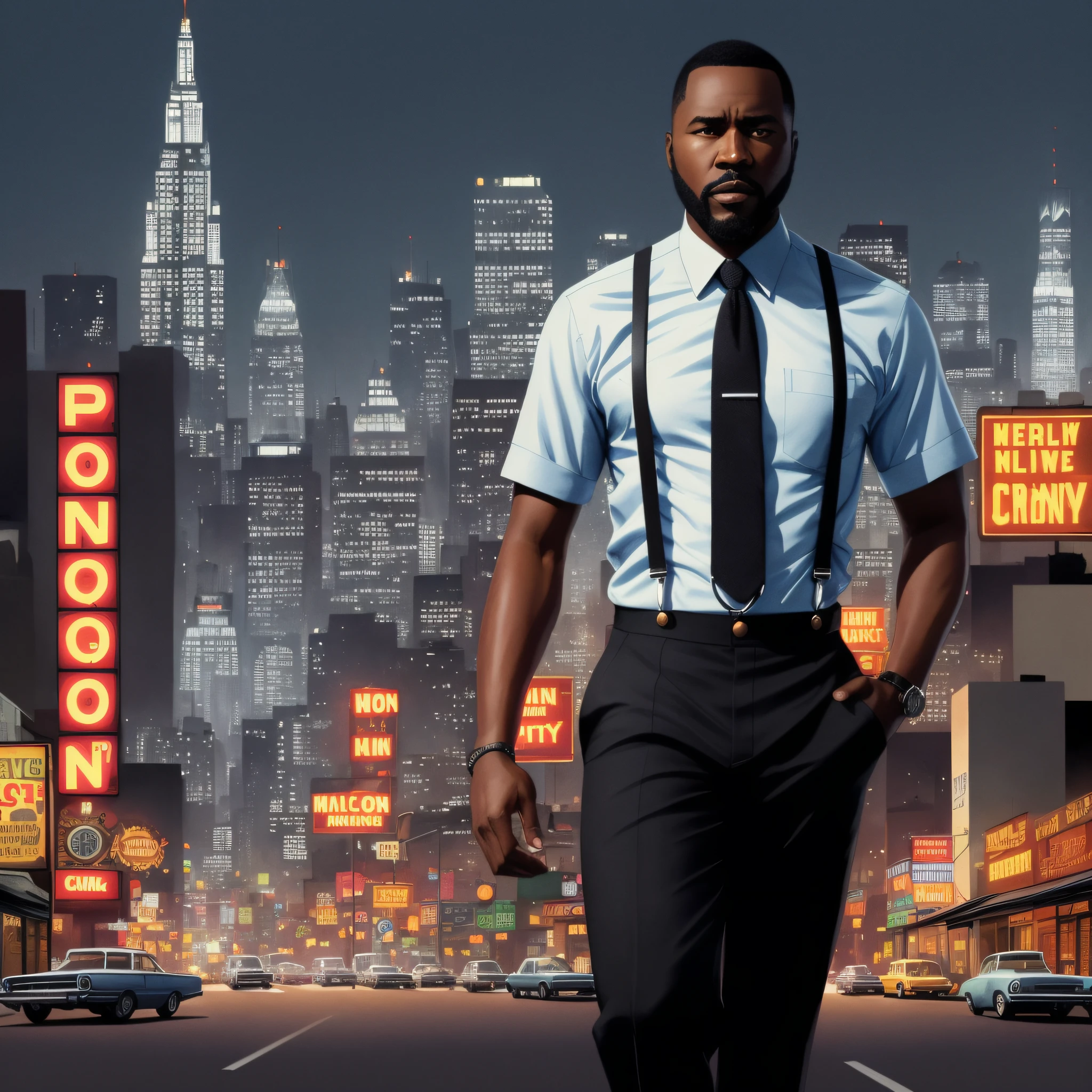 illustration of a black man, 45 y.o, slim body, wearing button shirt and suspenders, wearing tie, short haircut, (grizzle beard), detective from the 70s, 1970, noir city in the background, by geof darrow, dramatic lights, 8k, detailed, intricate, realistic, trending on artstation