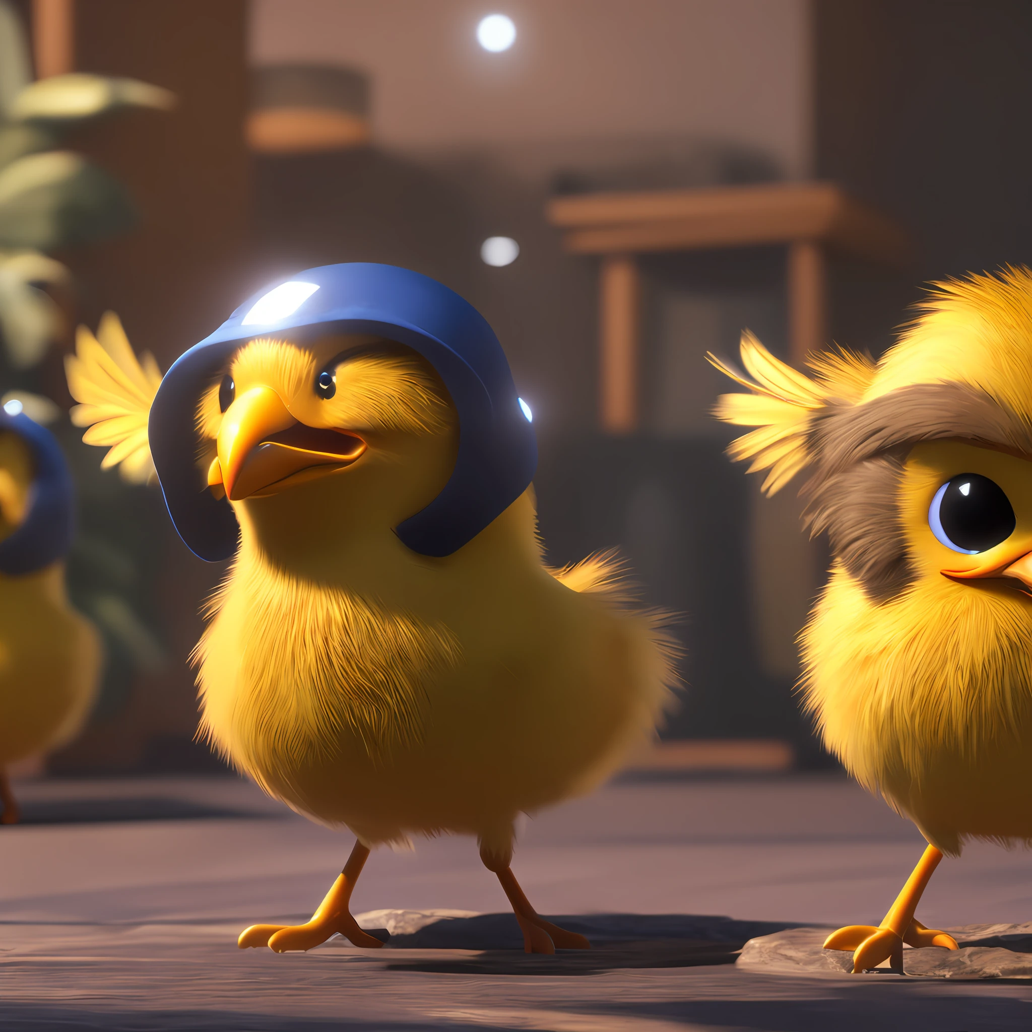 Cute cute chicks waving and smiling greeting me, Unreal Engine, cozy interior lighting, art stations, detailed digital painting, film, character design by Mark Redden and Pixar and Hayao Miyazaki, Unreal 5, daz, surrealism, octane rendering, 3DMDT1