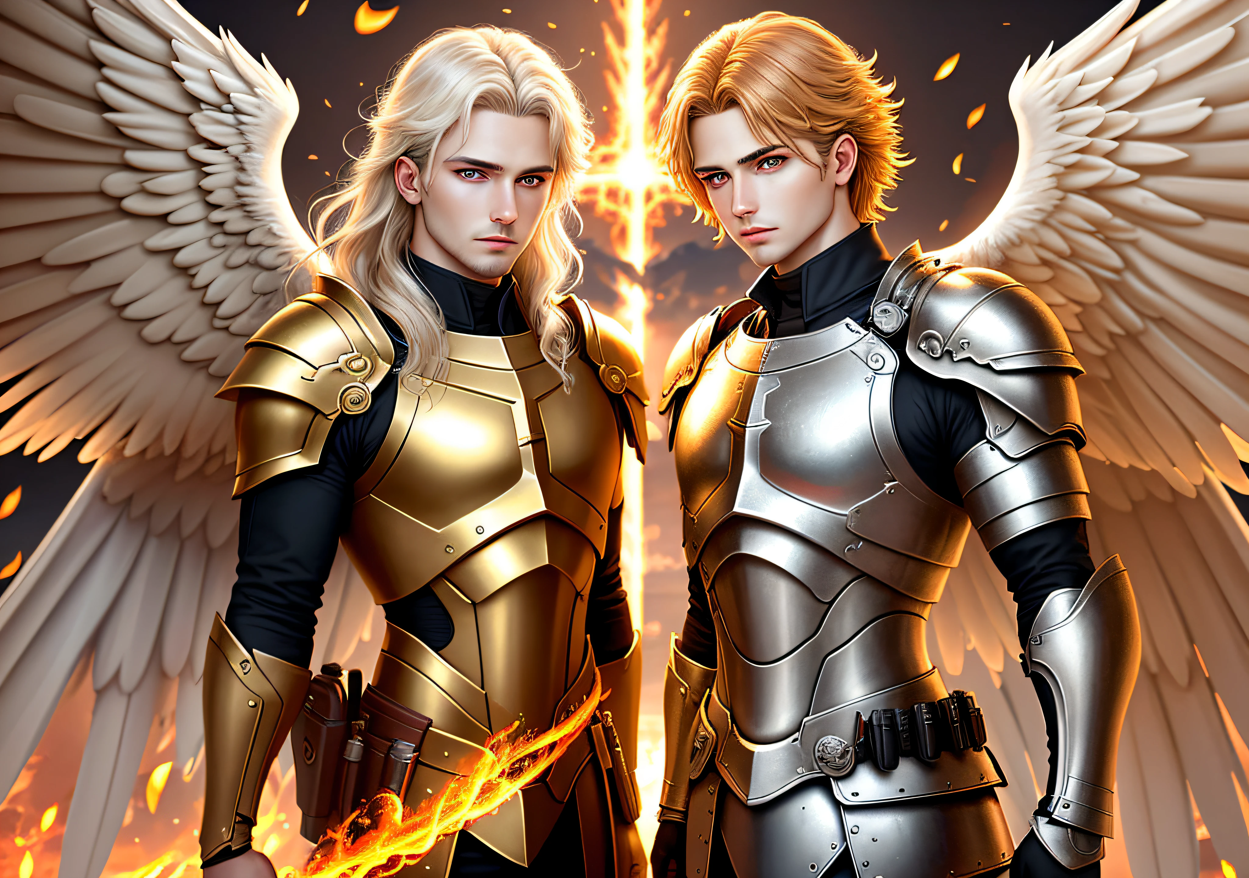 two angels male standing ,bright florecente golden eyes,eye highlight,fire wings,realism,realistic detailed utra skin,8k,real skin,highlighted eyes,mascule face,serious face,body with armor
