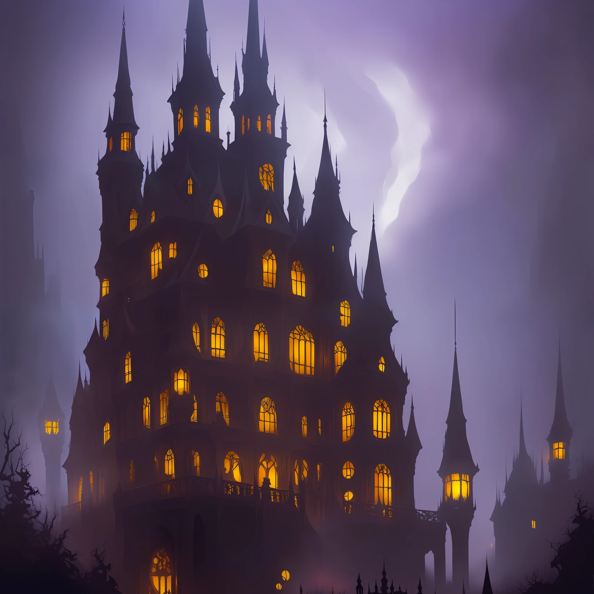 Setting, non-human, castle, dark forest, nightmare, medieval, umbrella, demonic, very dark and scary. hyper intricate details. volumetric lighting. streetwear style art. grunge. award-winning impressive masterpiece. 8k. gorgeous. wonderful. using only the colors purple, red, white. narrow depth of field. hyper-realistic art style. Spooky horror metal music vibe. Godrays, beautiful, amazing, intricate, highly detailed, digital painting, art station, concept art, sharp focus, illustration, art by Greg Rutkowski and Alphonse Mucha