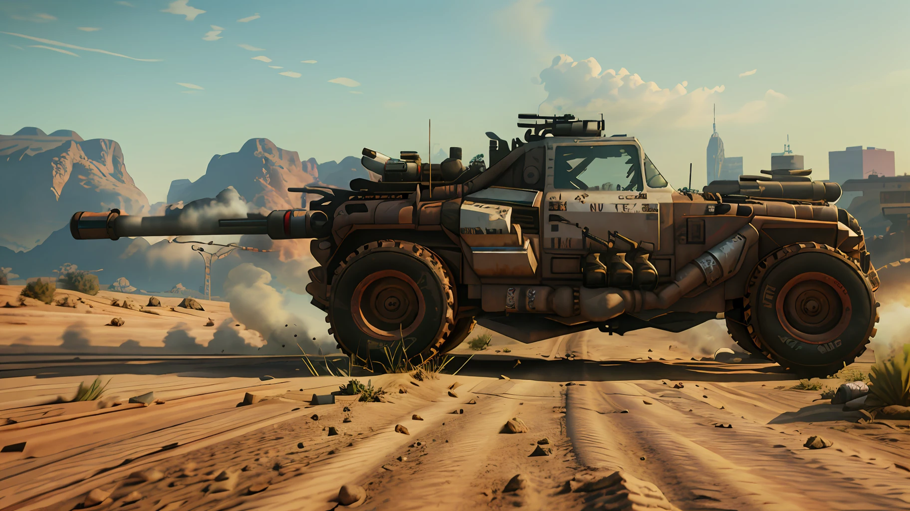 rage2vehicle_v2, fast driving vehicle on the road, big engine and exhaust pipe, machinegun