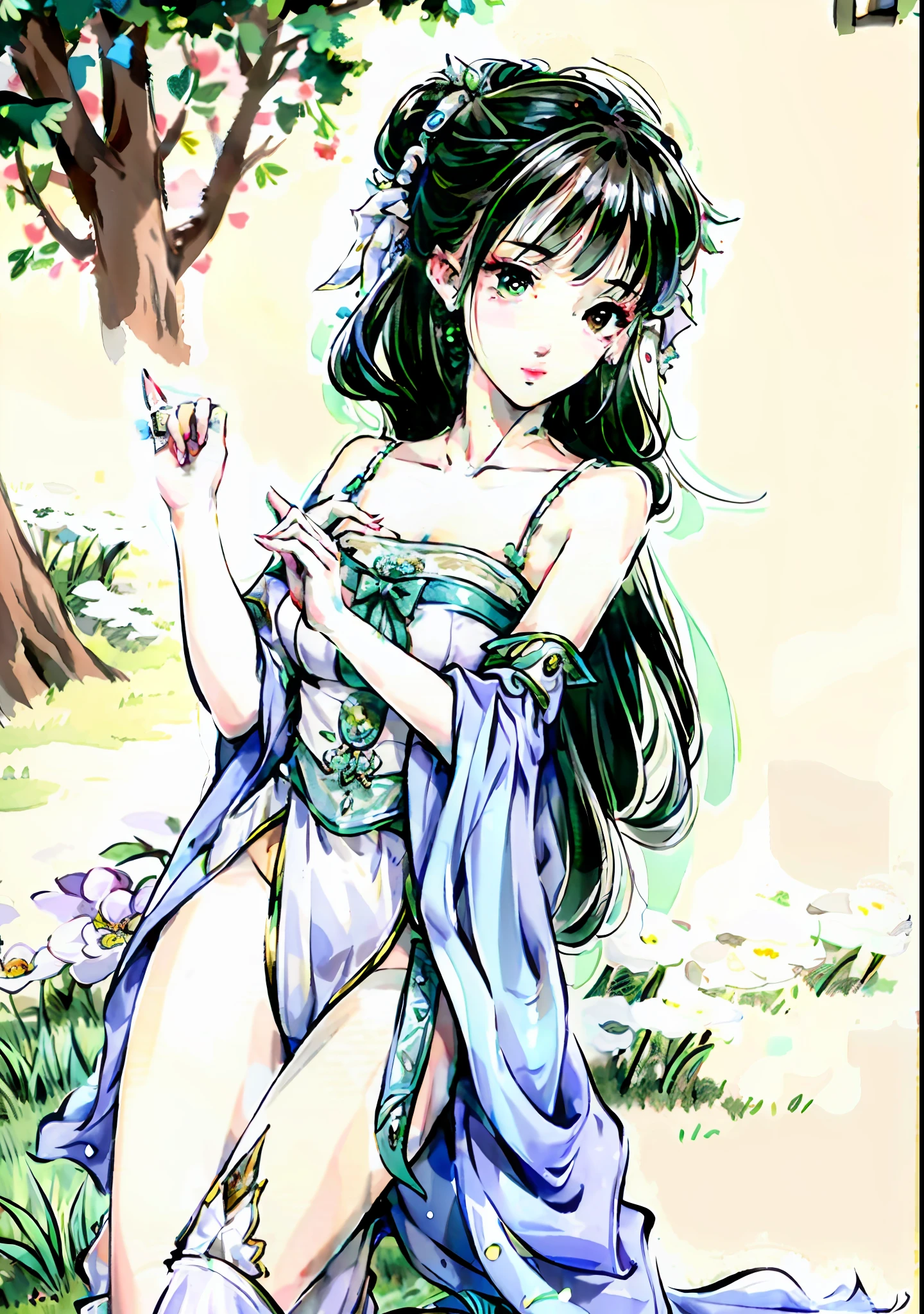 best quality, masterpiece, photorealistic, 2k wallpaper, Amazing, finely detail, extremely detailed CG unity 8k wallpaper, 1girl, medium breasts, half updo, Depth of field, bare feet, white bra, white panty, full body, looking at viewer, green grass