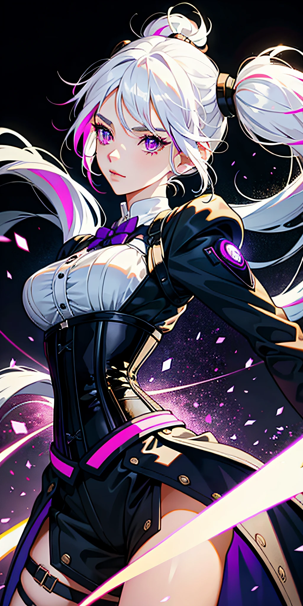 1 girl, white hair, multicolored hair, purple eyes, twin tails, corset, side lights, light particles, wallpaper,