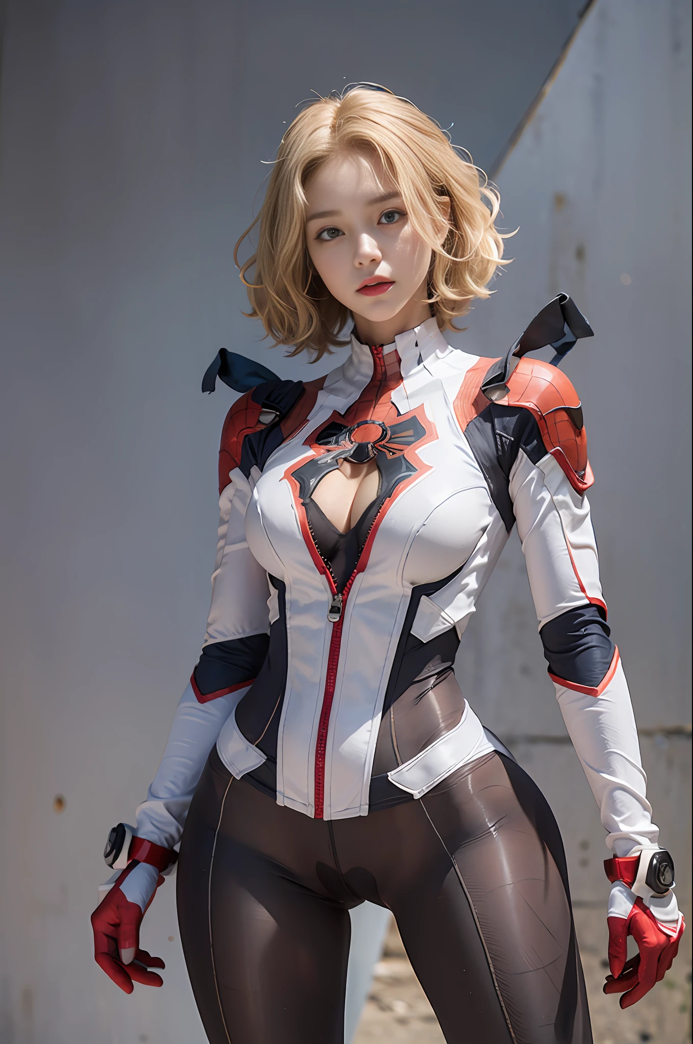 18 year old girl, alone, white Spider-Man suit, full body tights, short curly hair, blonde hair, beautiful face, roof, masterpiece, exquisite details, slim figure, thin body, mid-bust, long legs, top chest cropping, visible brisket