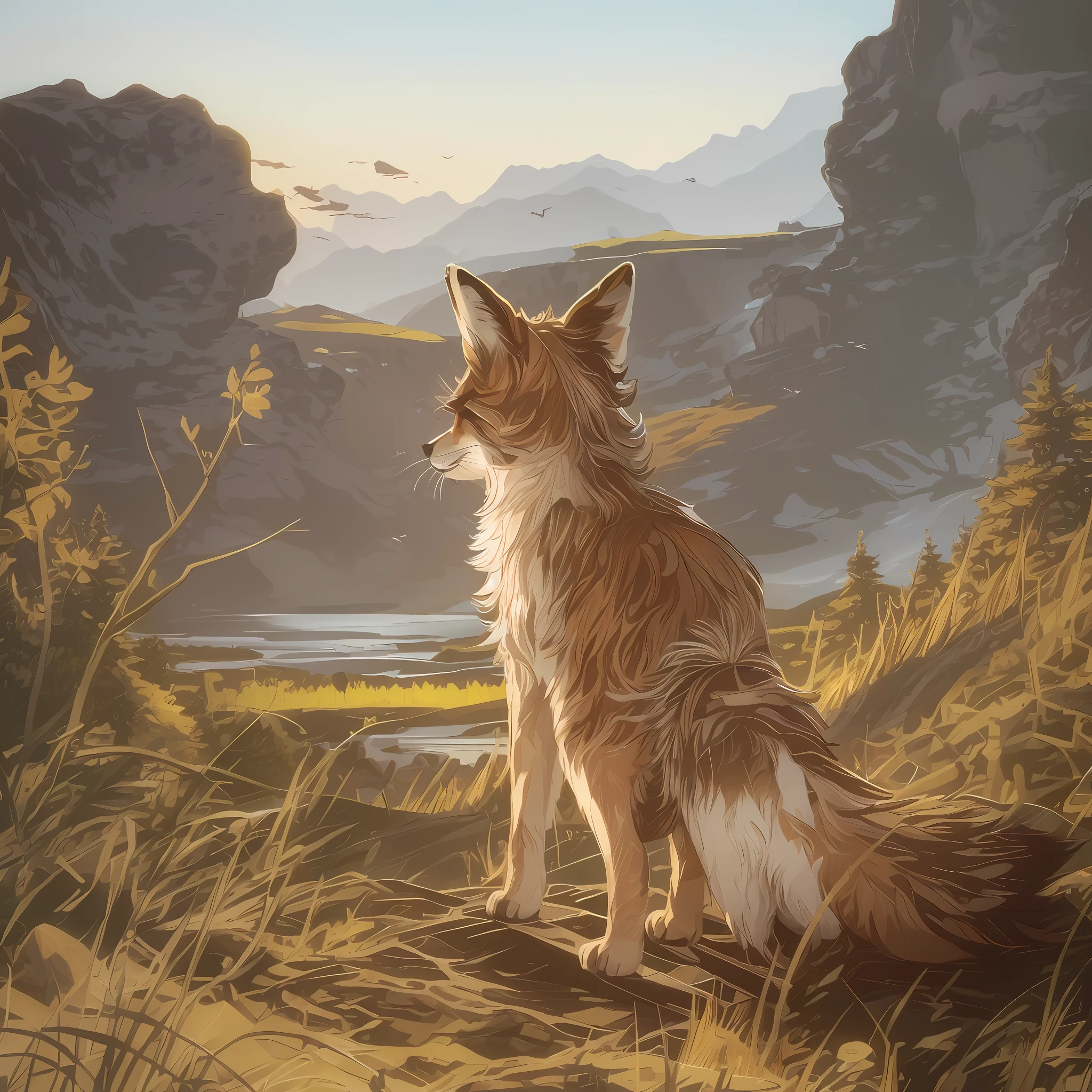 there is a fox sitting on a rock in the middle of a field, very very beautiful furry art, art of silverfox, commission for high res, an anthropomorphic fox, an anthro fox, anthropomorphic fox, by Marten Post, portrait of an anthro fox, fox flying through landscape, the lovely hairy fox, highly detailed vector art