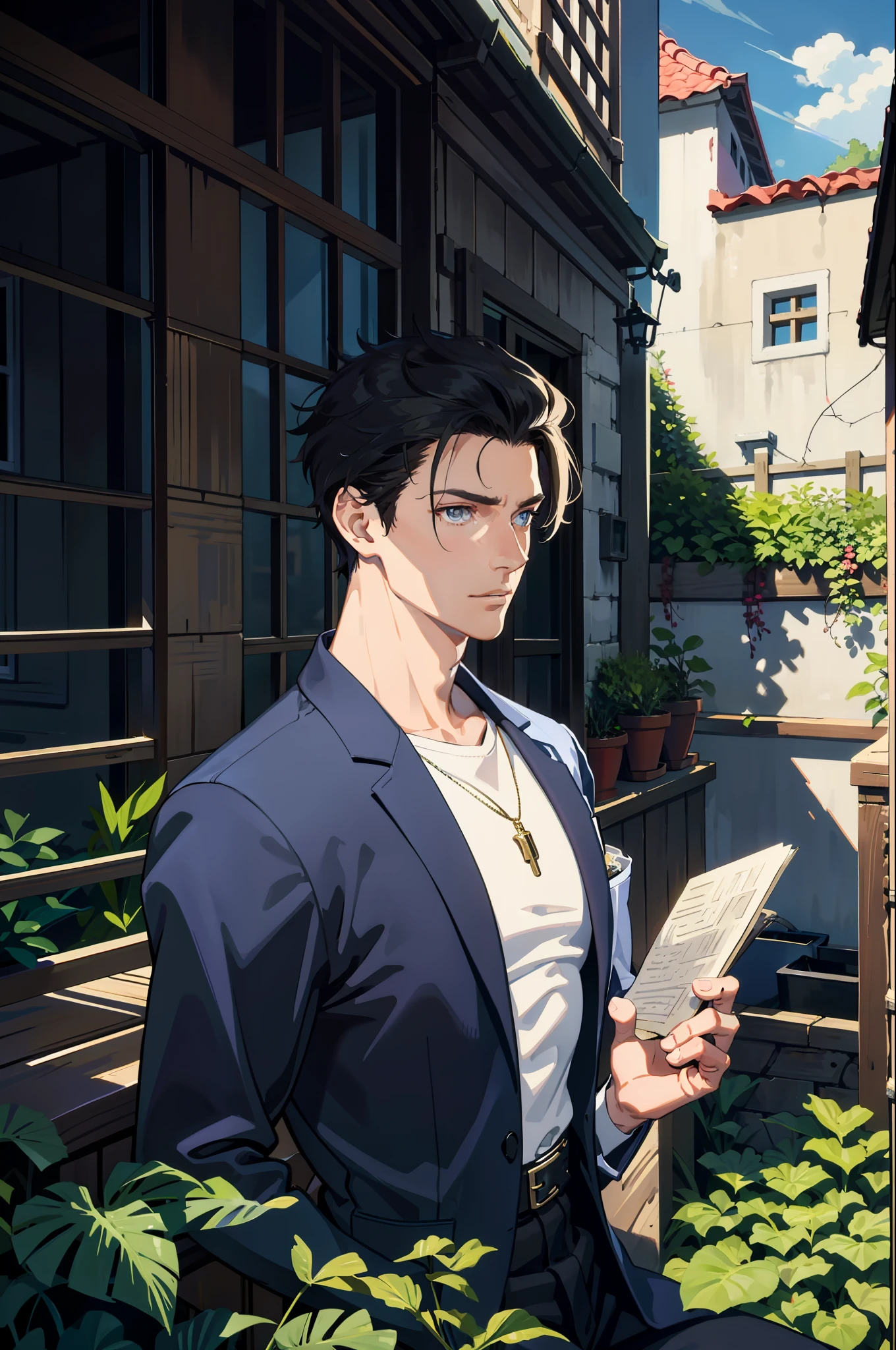 masterpiece, best quality, 1 male, handsome, tall muscular guy, very short hair, best ratio four finger and one thumb, best light and shadow, background is back alley, detasiled sunlight, sitting, Little cats are gathered next to him, dappled sunlight, day, depth of field, plants, summer