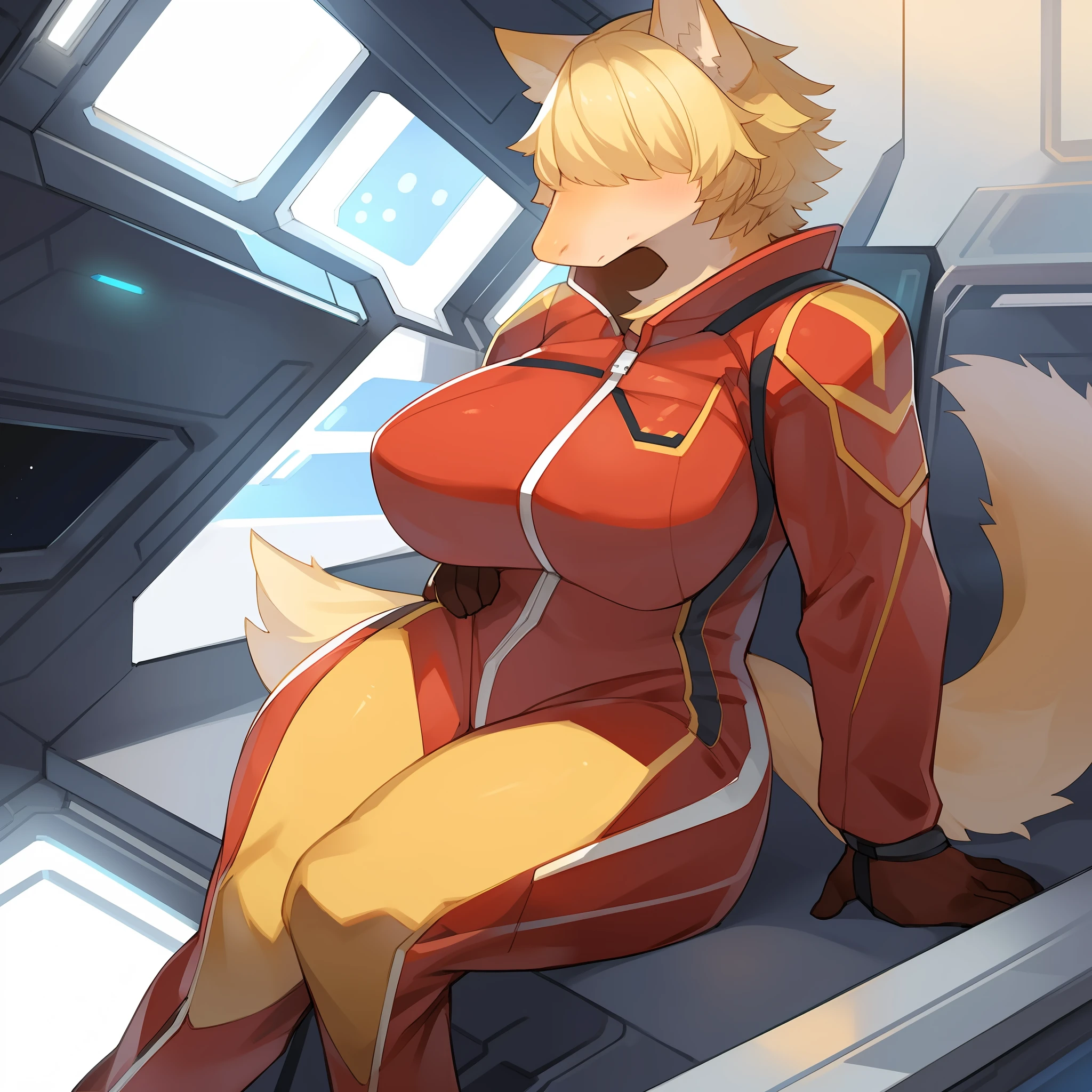 Solo, female, by kame3, by kishibe, by lvlirror, by bebebebebe, (((snout, long snout, pointy snout, pointed snout))), yellow fur, golden fur, (((hair covering eyes, short hair, blonde hair))), muscular, athletic, big, large, spaceship, space, window, red jumpsuit, red spacesuit, big breasts