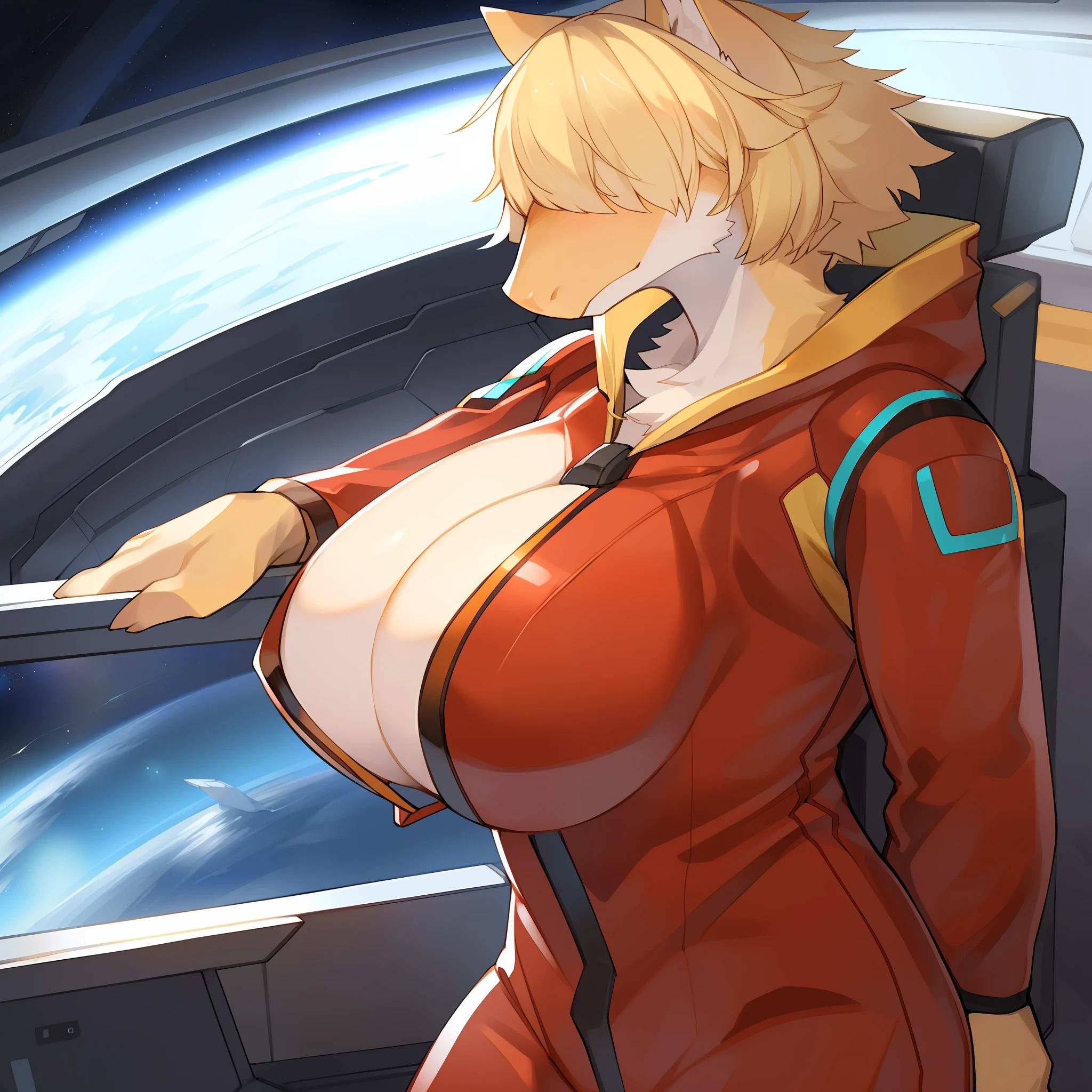 Solo, female, by kame3, by kishibe, by lvlirror, by bebebebebe, (((snout, long snout, pointy snout, pointed snout))), yellow fur, golden fur, (((hair covering eyes, short hair, blonde hair))), muscular, athletic, big, large, spaceship, space, window, red jumpsuit, red spacesuit, big breasts