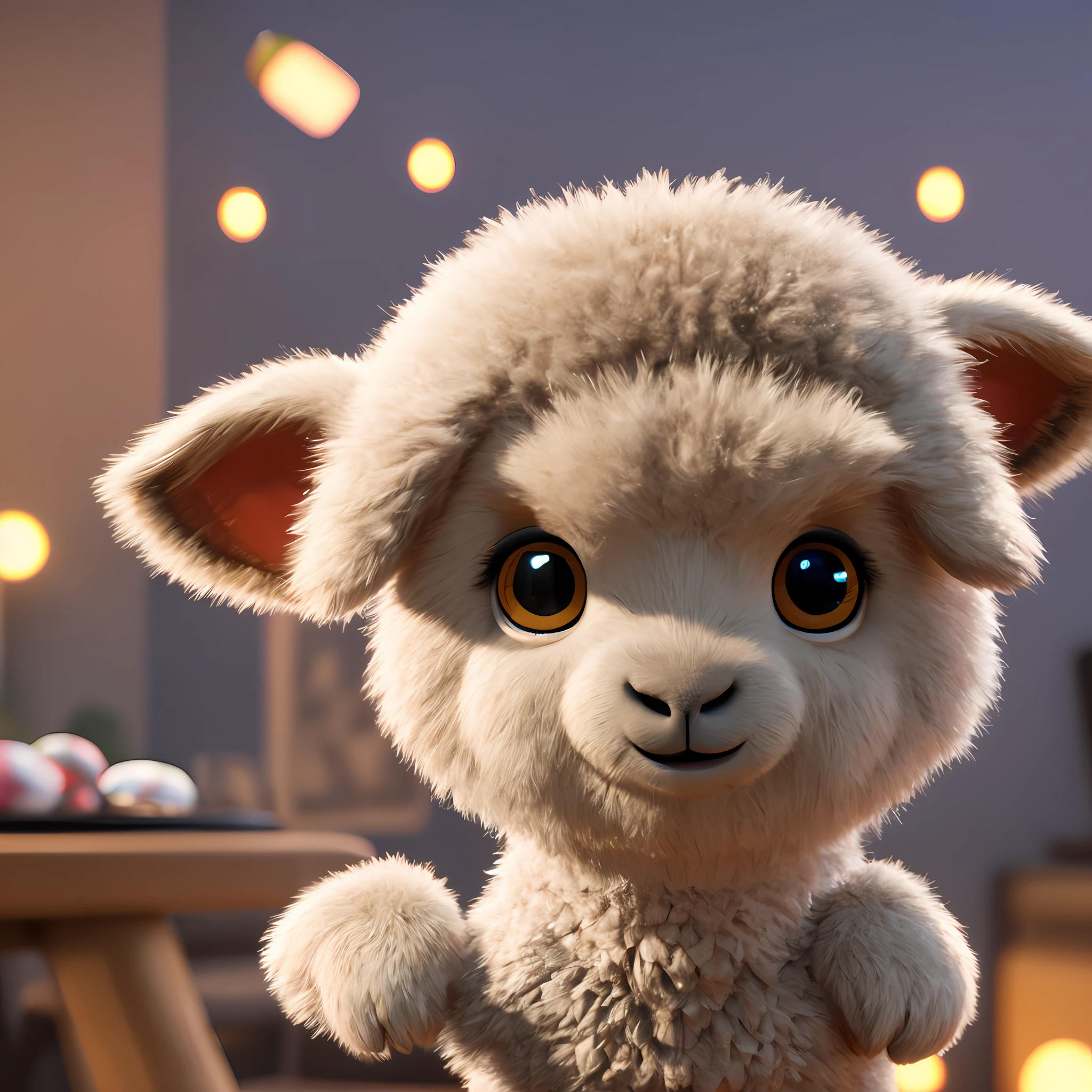 Cute cute lamb waving and smiling greeting me, Unreal Engine, cozy interior lighting, art station, detailed digital painting, film, character design by Mark Redden and Pixar and Hayao Miyazaki, Unreal 5, daz, surrealism, octane rendering, 3DMDT1