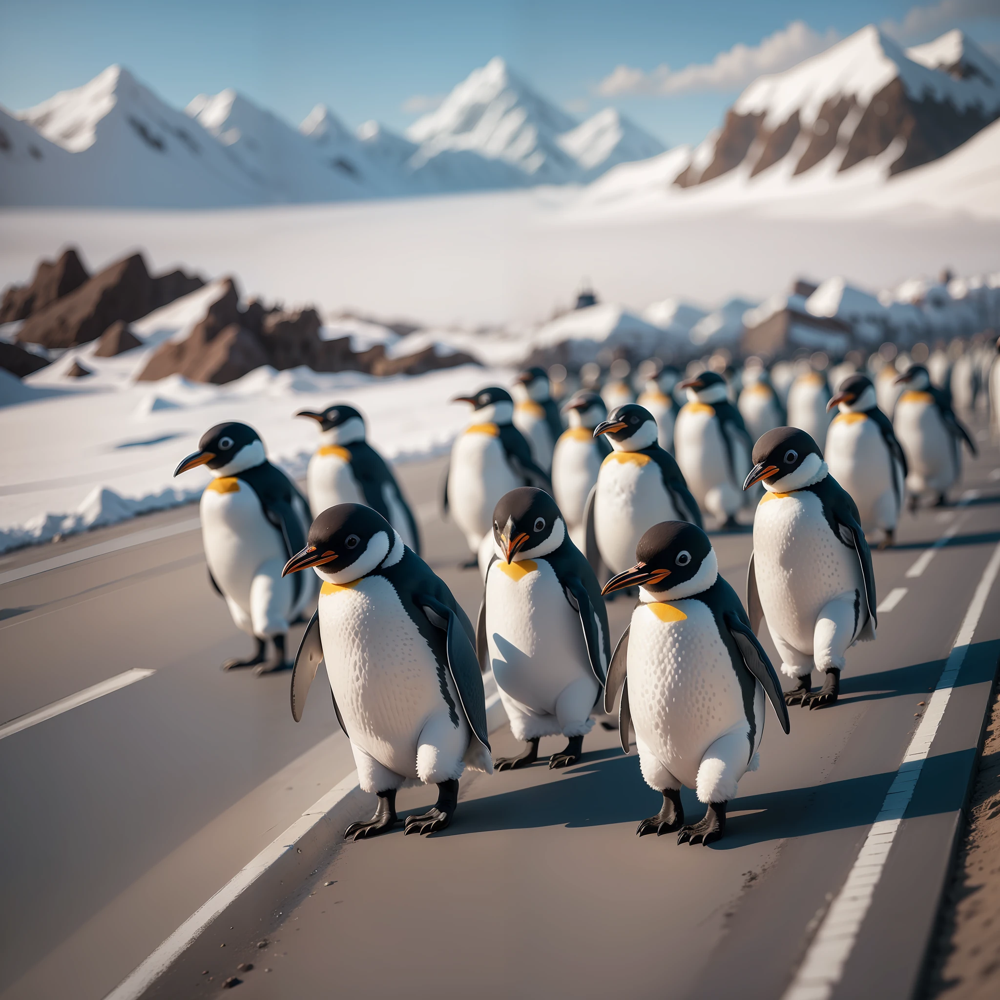 Cute penguins marching with great vigor.