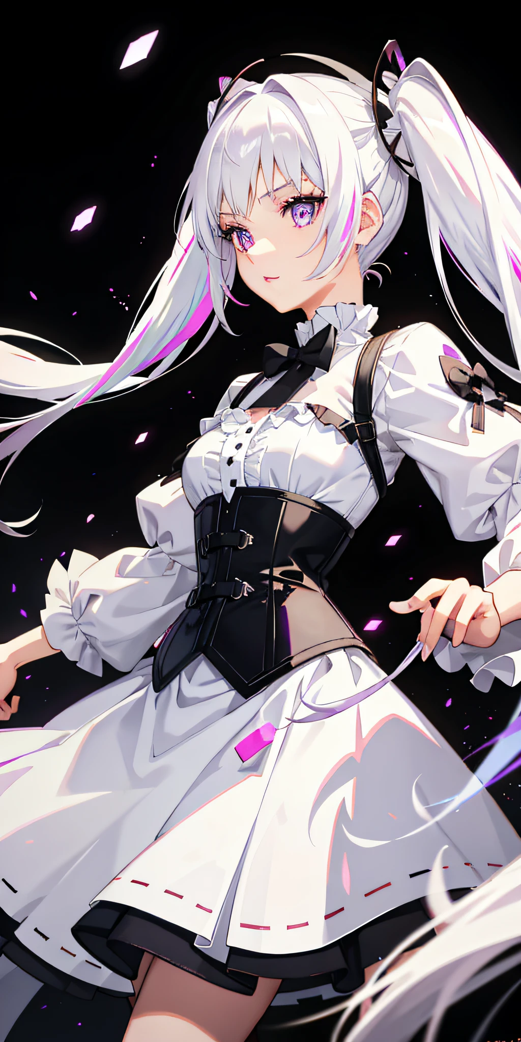 1 girl, white hair, multicolored hair, purple eyes, twin tails, corset, side lights, light particles, wallpaper,