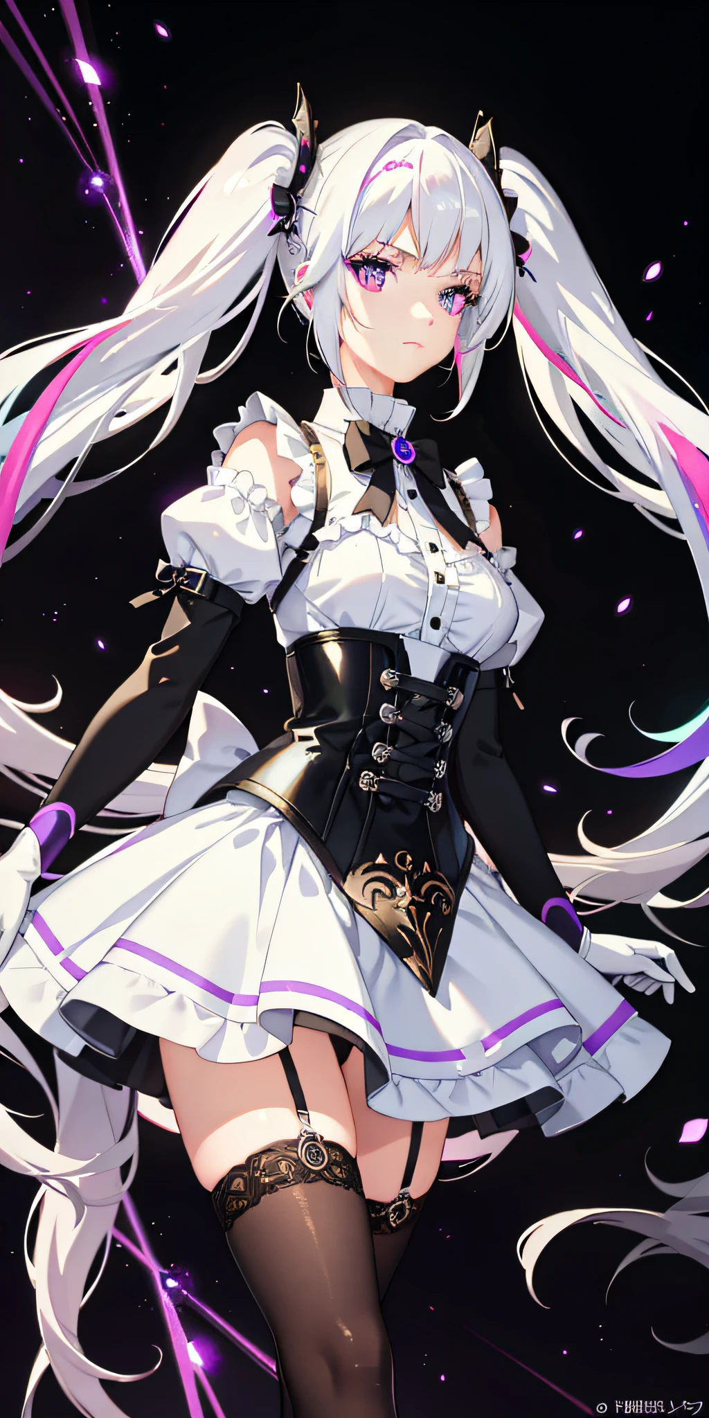 1 girl, white hair, multicolored hair, purple eyes, twin tails, corset, side lights, light particles, wallpaper,